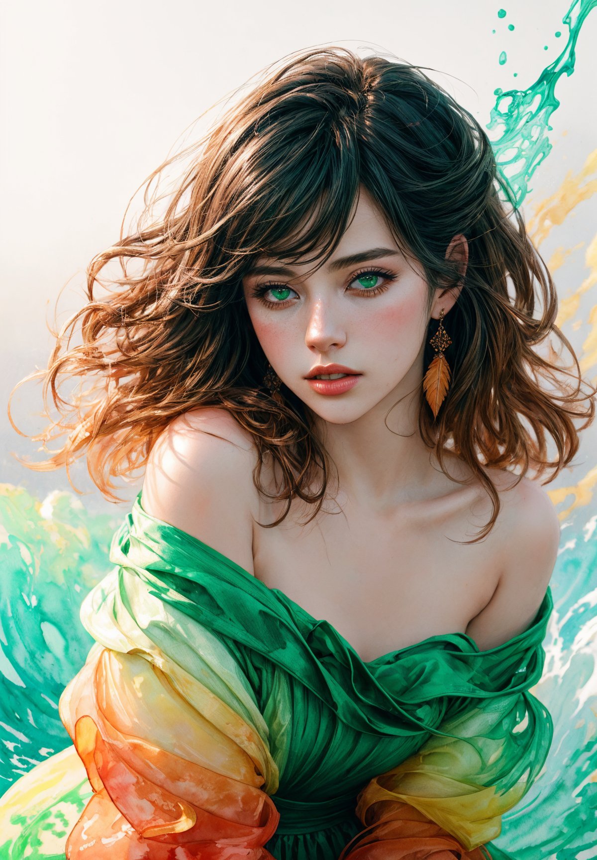 Colorful beautiful woman, green ink flow, 8k resolution photorealistic masterpiece, intricately detailed fluid gouache painting, calligraphy acrylic, watercolor art, professional photography, natural lighting, volumetric lighting maximalist photoillustration, by marton bobzert, 8k resolution concept art intricately detailed, complex, elegant, expansive, fantastical,1 girl, quad_tone with orange hue, messy shoulder length hair, feathery dress, sitting, windy,Detailedface,watercolor \(medium\)