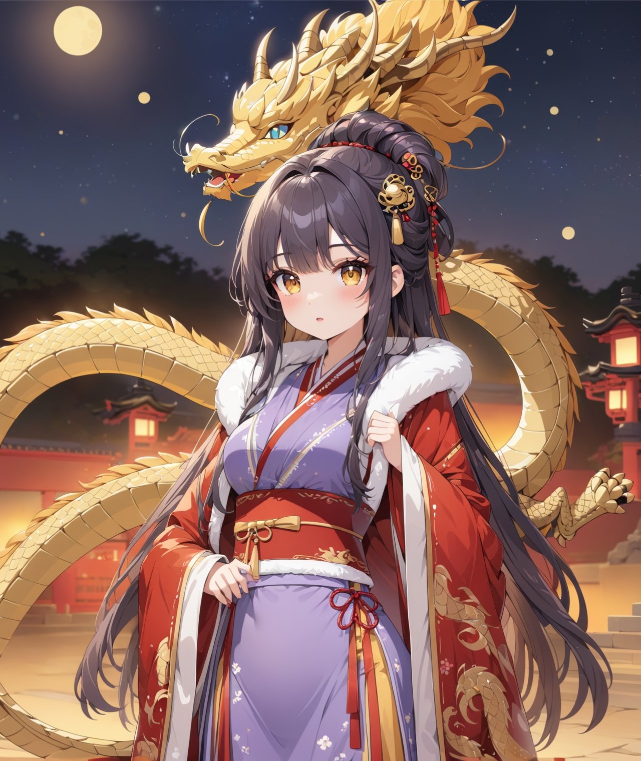 Chibi anime style, 4K, ultra detailed, 1 cute girl with long hair wearing a traditional Asian dress, medium breasts and detail eyes looking at viewers, Golden dragon in the background, more detail XL, SFW,  nighttime, moonlight, ,winterhanfu