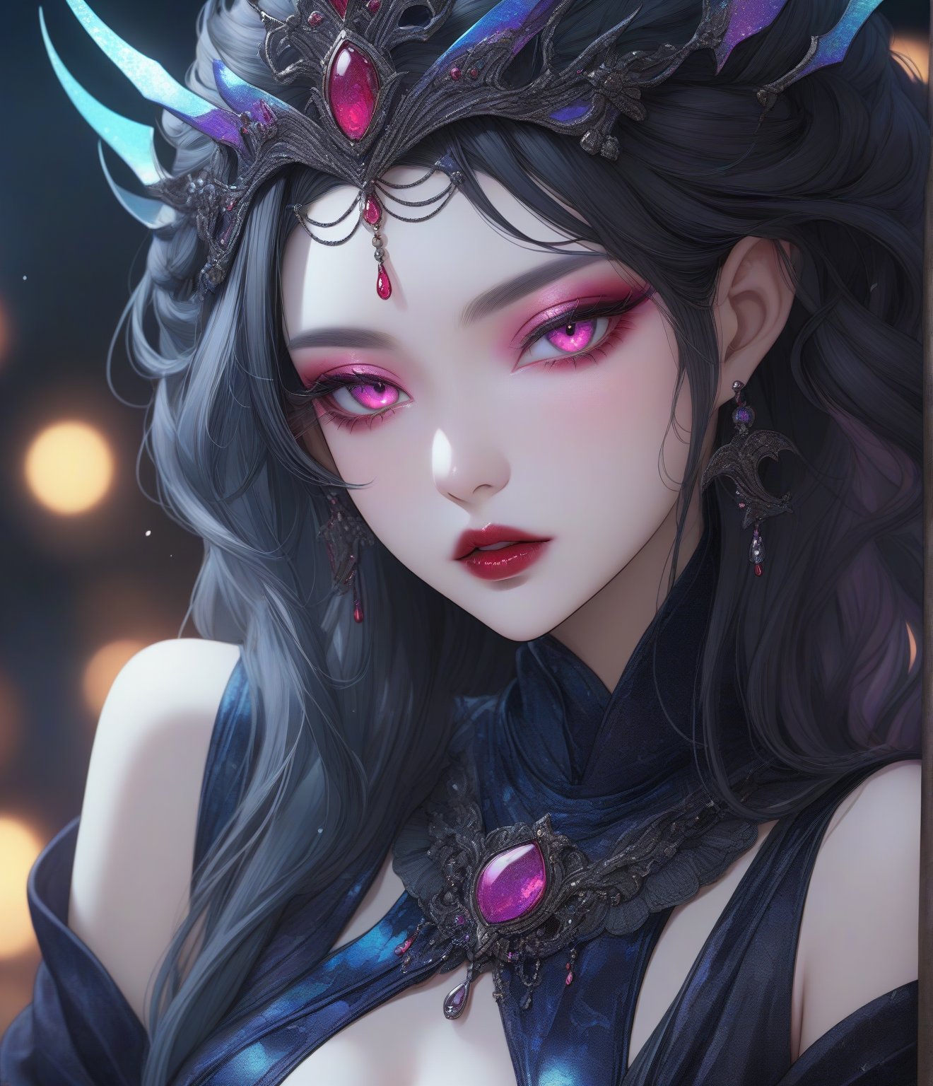 Masterpiece, 4K, ultra detailed, Evil elf queen, perfect makeup, seductive glossy lips, SFW, depth of field, iridescence, Ukiyoe Art Style,