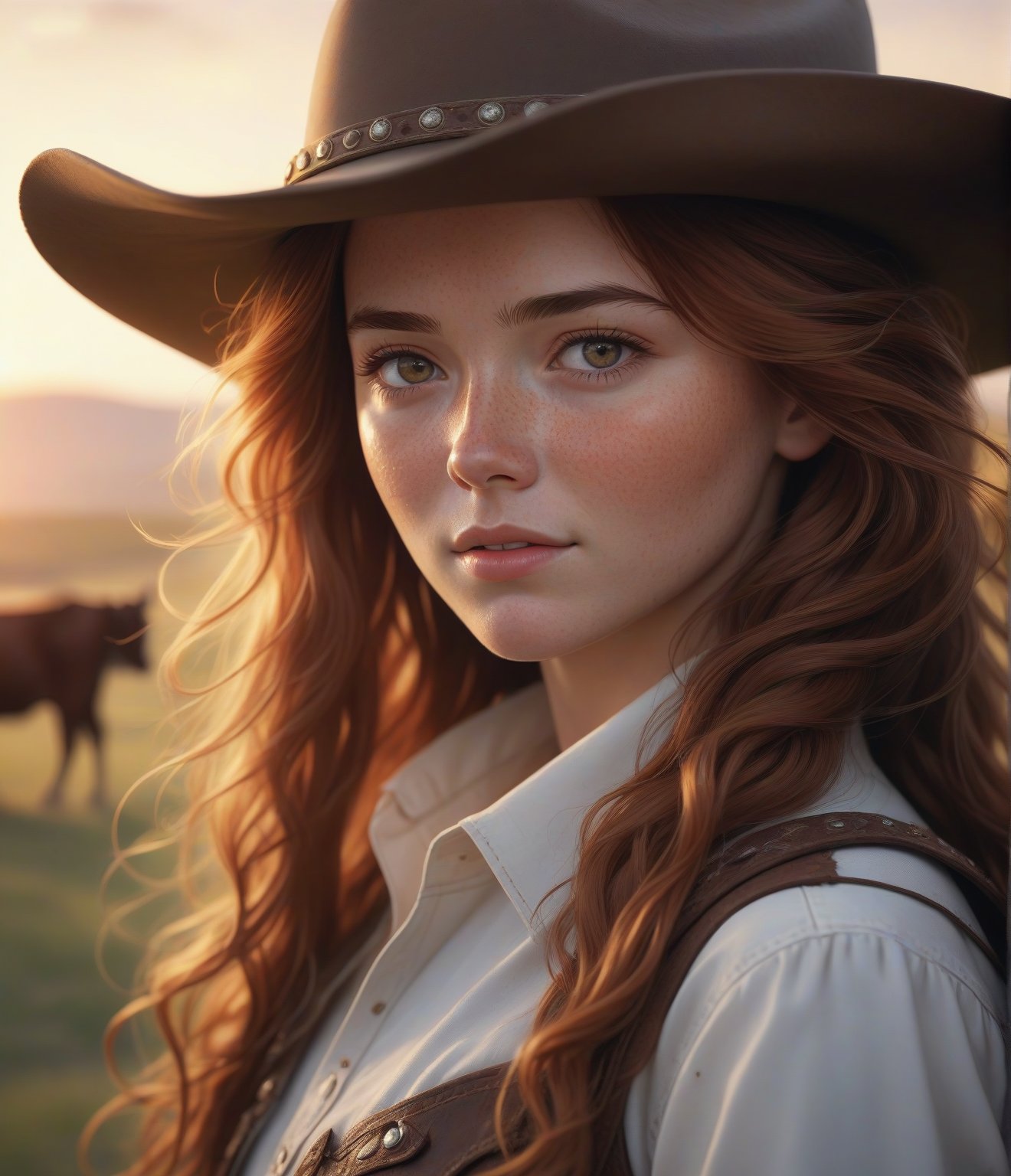 Masterpiece, 4K, ultra detailed, beautiful freckles female cowboy with long hair, depth of field, SFW, sunset, cattle ranch, cowboy hat, windy,