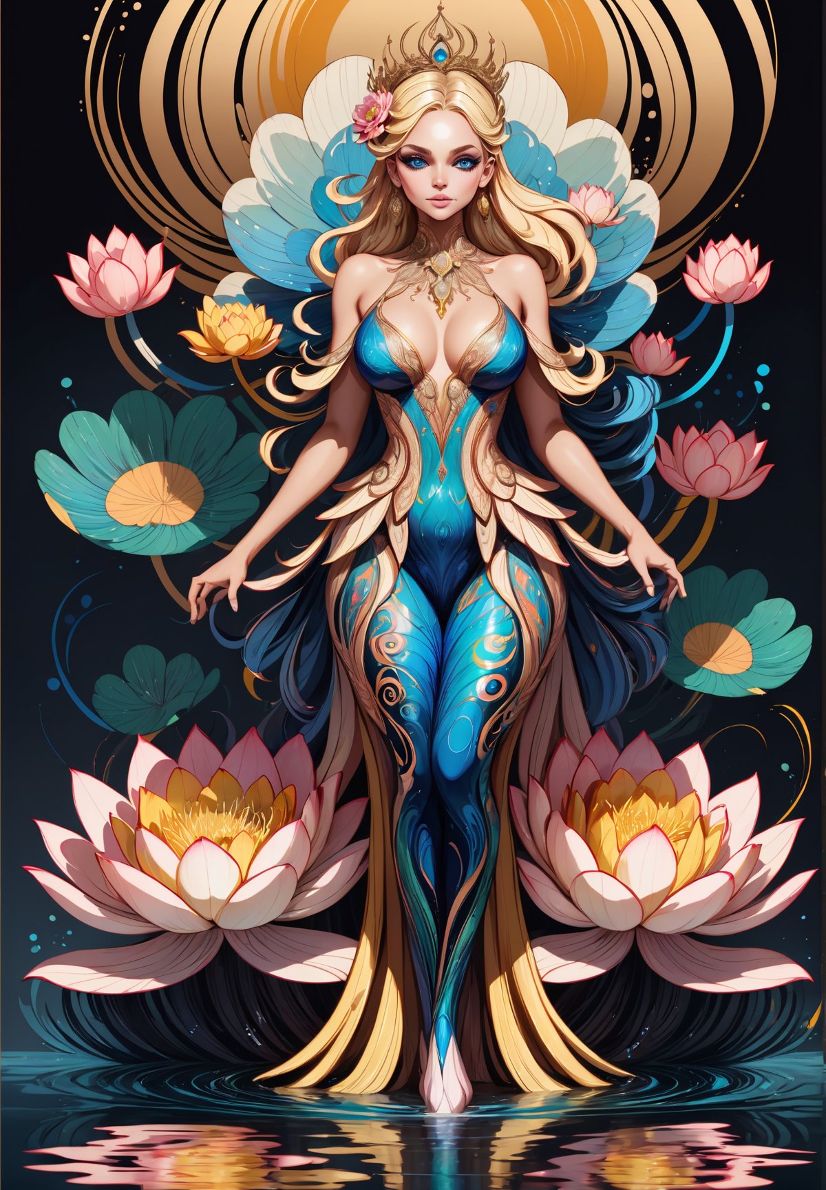 thin and thick color lines stroke, splash art, 1 liquid luminous blonde hair brown skin lady made of colors, liquid water lily flowers, filigree, filigree detailed, swirling peacock feather, intricated pose, big beautiul eyes, slim waist and wide hips, oni style