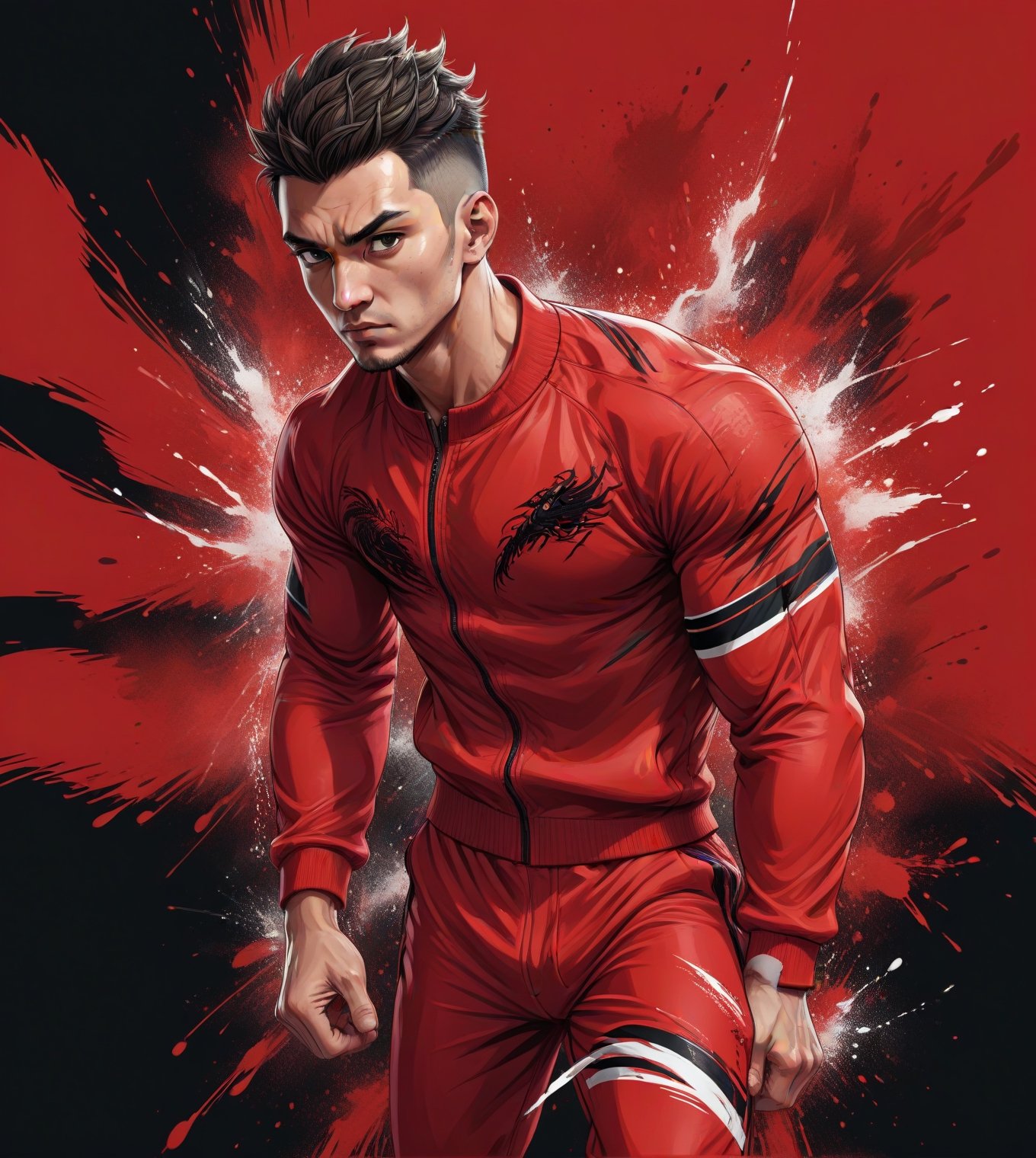 Male fighter wearing red tracksuit with black stripes, detailed eyes, 4k, windy, 2D red dragons line art background, highly detailed, (full body portrait), dynamic angle, ink splash style, fighting poses, more detail XL,<lora:659095807385103906:1.0>