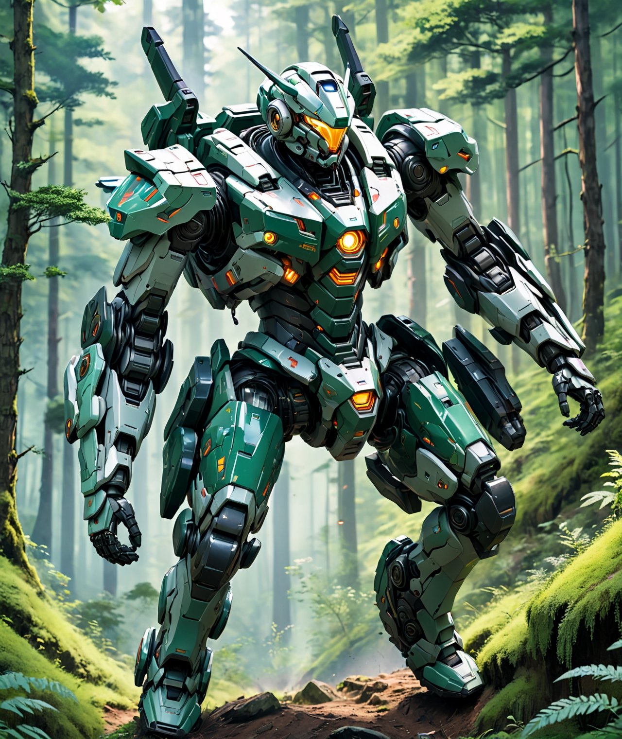 anime style, futuristic mech armor power suit in a forest, jump landing on a hillside, dynamic angle, more detail XL,机甲