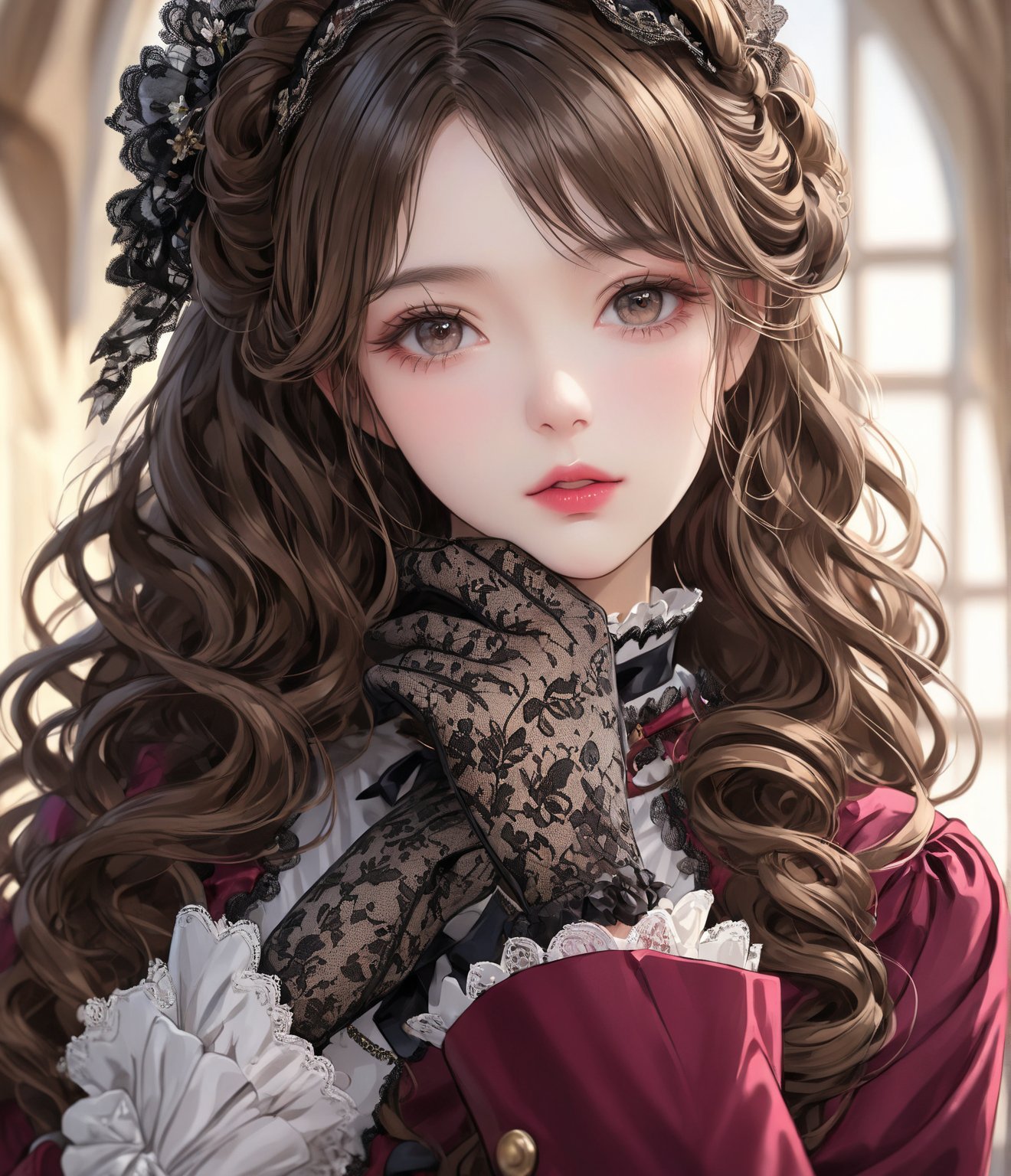 Masterpiece, 4K, ultra detailed, anime Style, 1 beautiful woman with long wavy hair and glossy lips wearing traditional Victorian outfit, short lace gloves, SFW, depth of field,shuimo style