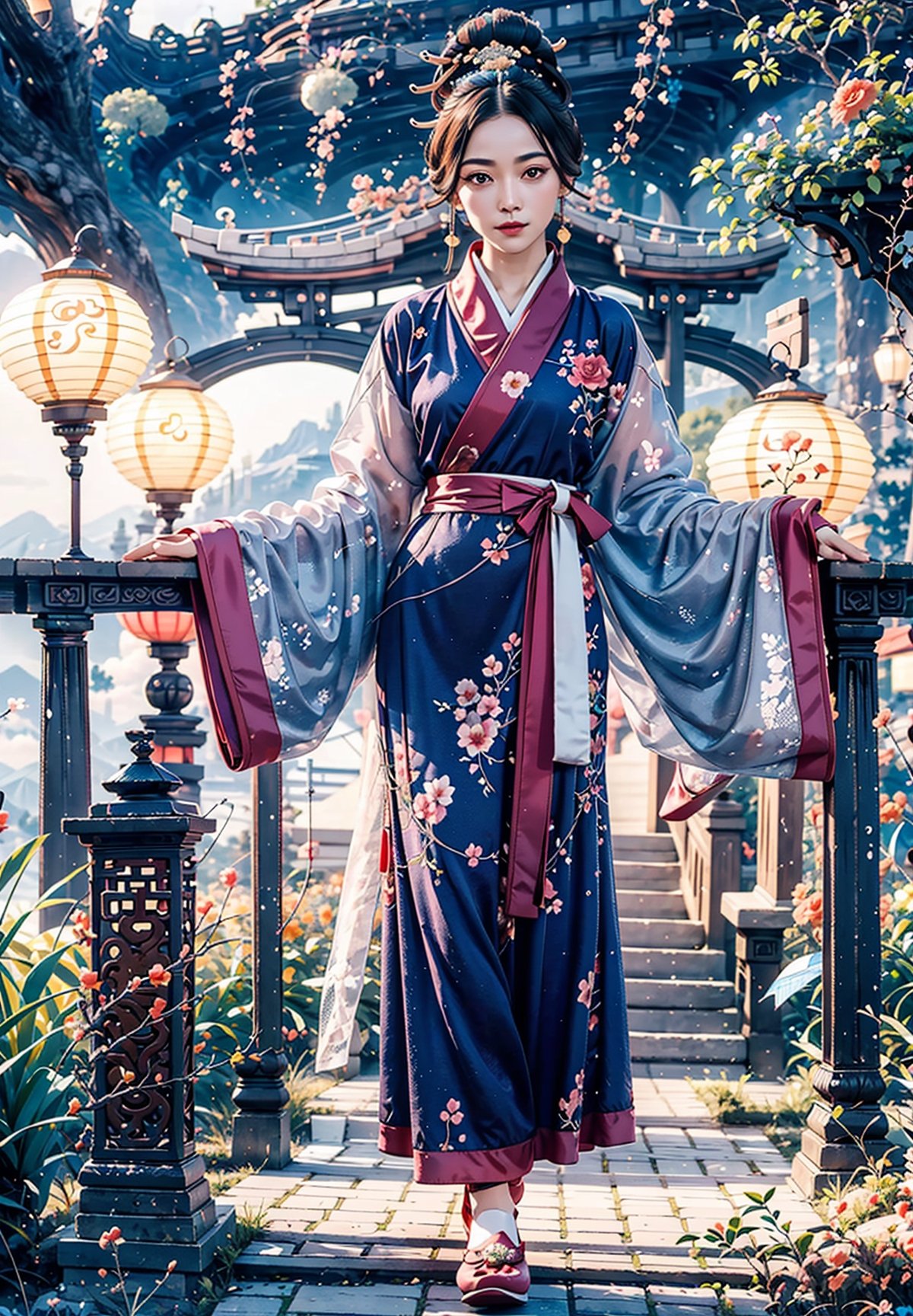 1 girl walking in a garden on a mountain, flowy short dress, lace, ornate details, big detailed eyes looking at viewers, hair ornament, floral arrangement, lanterns, 4k, windy, photorealistic, depth of field, highly detailed, full body portrait, ,quju,hanfu,shoes