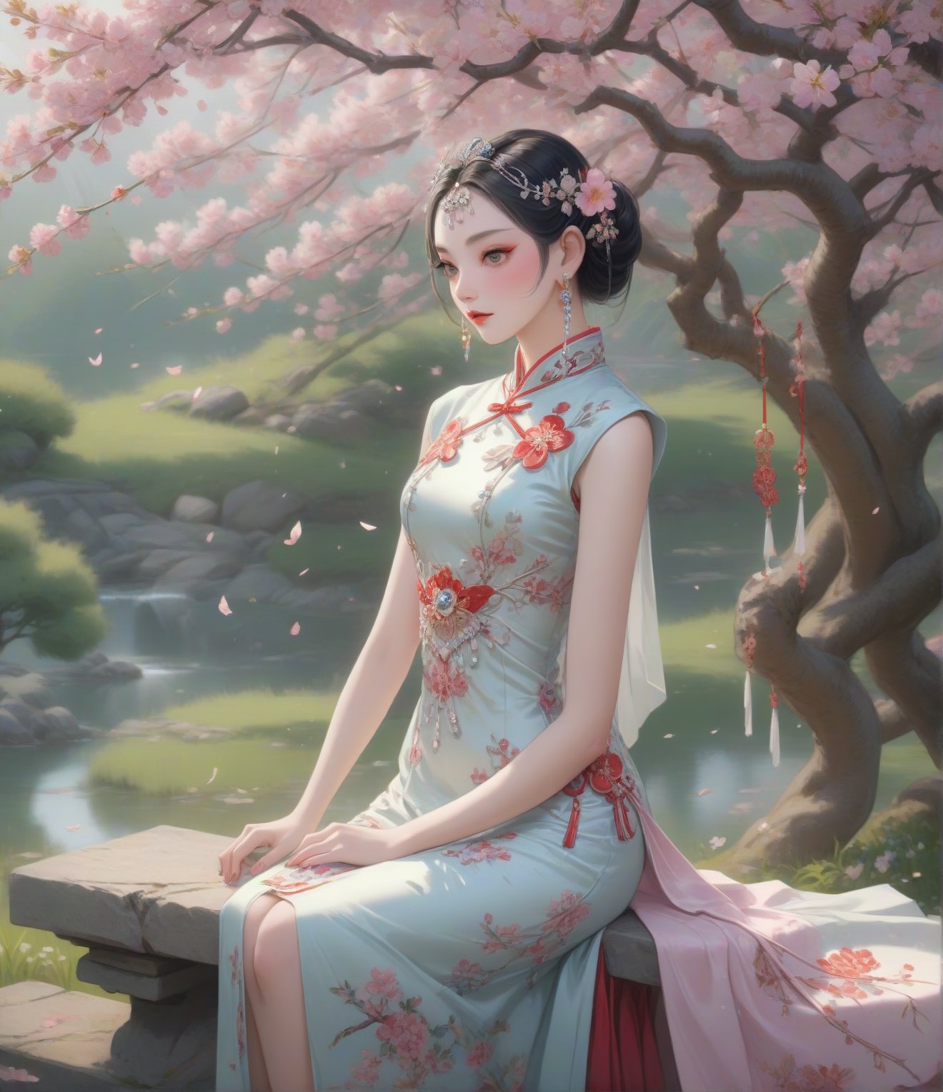 Masterpiece, 4K, ultra detailed, pretty busty lady with glamorous makeup, beautiful bright eyes and  glossy lips, dangling crystal earrings, short Chinese cheongsam dress and shiny high heels, sitting elegantly on a stone bench in a Japanese garden under the cherry blossom trees, romantic setting, petals falling, SFW, depth of field, quiet forest, soft volumetric lighting,(\hua dan\)