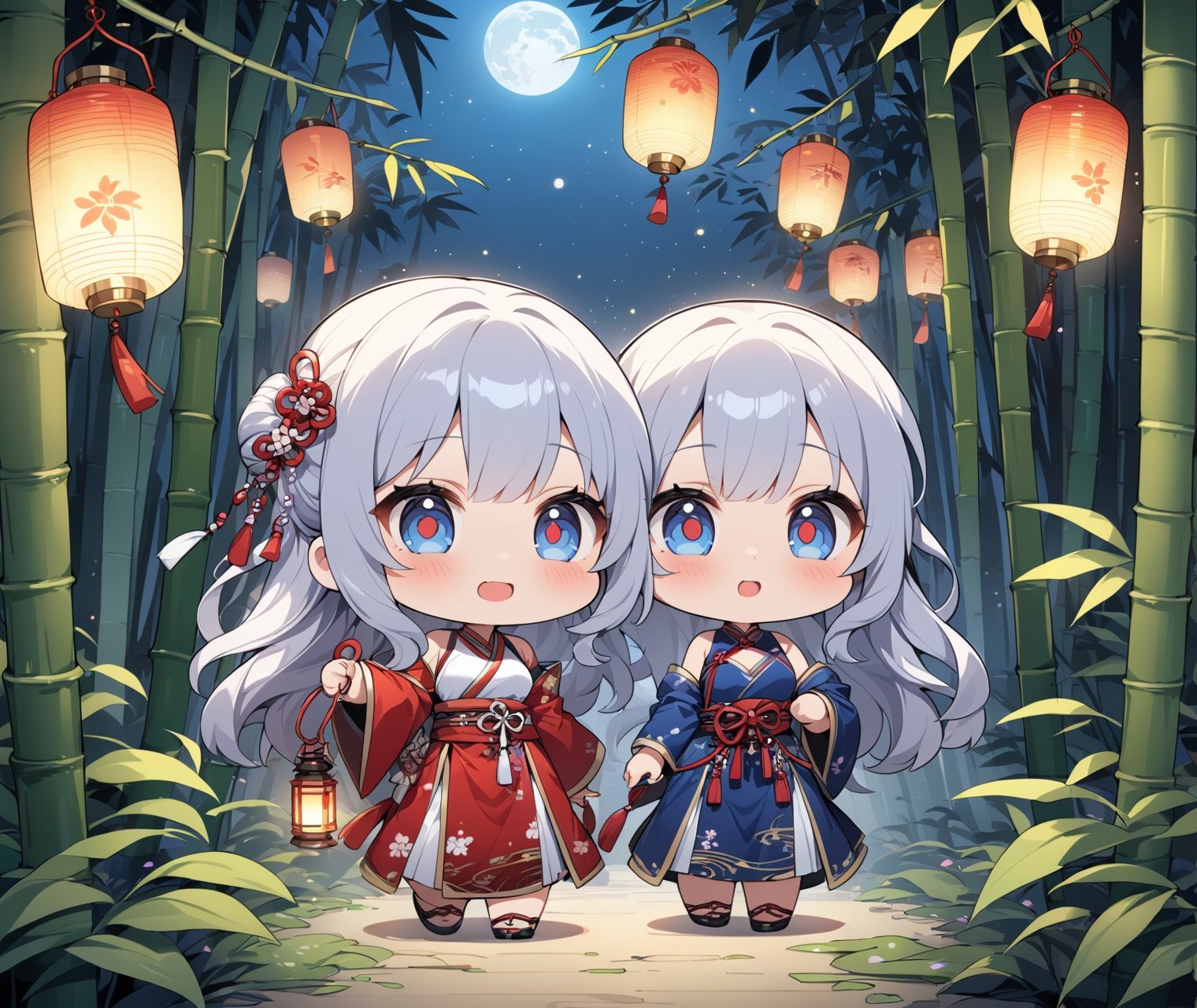 ((chibi anime style)),  masterpiece, 4K, 2 girls with long hair wearing a traditional Asian dress holding a lantern, walking in a bamboo forest together, medium breasts and detail eyes, more detail XL, SFW, nighttime, moonlight,