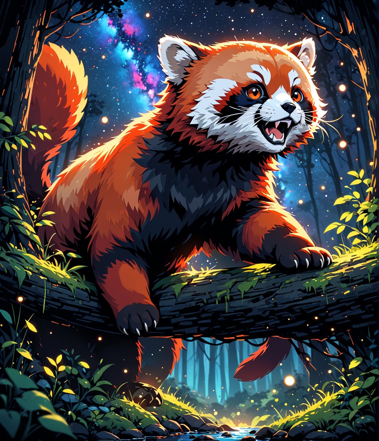 Masterpiece, 4K, ultra detailed, 1 adorable red panda on a forest, epic night sky, more detail XL, SFW, depth of field,Ink art, 