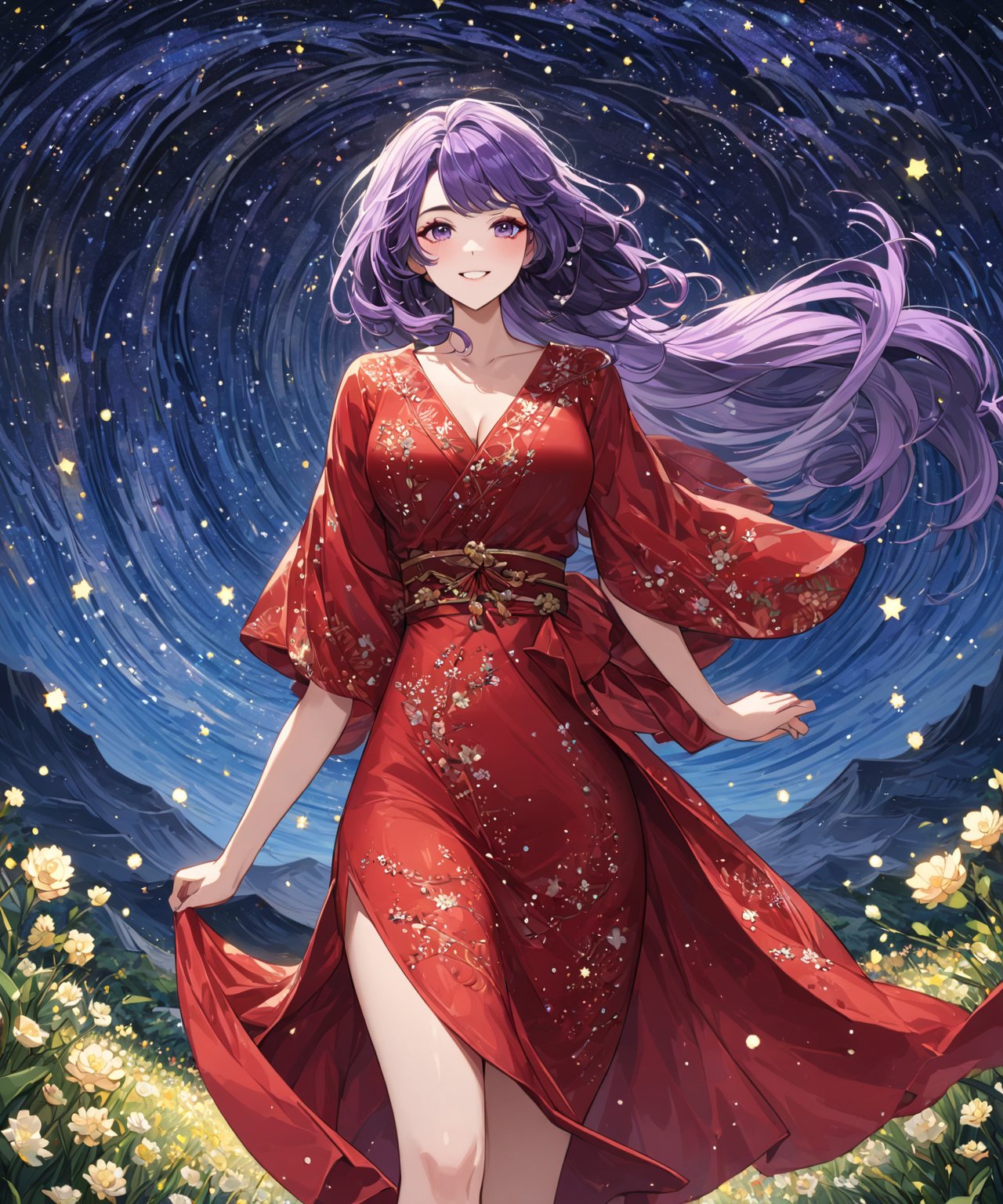 Masterpiece, 4K, ultra detailed, beautiful black and purple ombre hair mature woman walking in a flowering pathway wearing short sparkly red satin dress, perfect makeup and smiliing, epic starry night, windy, more detail XL, SFW, depth of field, (ukiyoe art style),