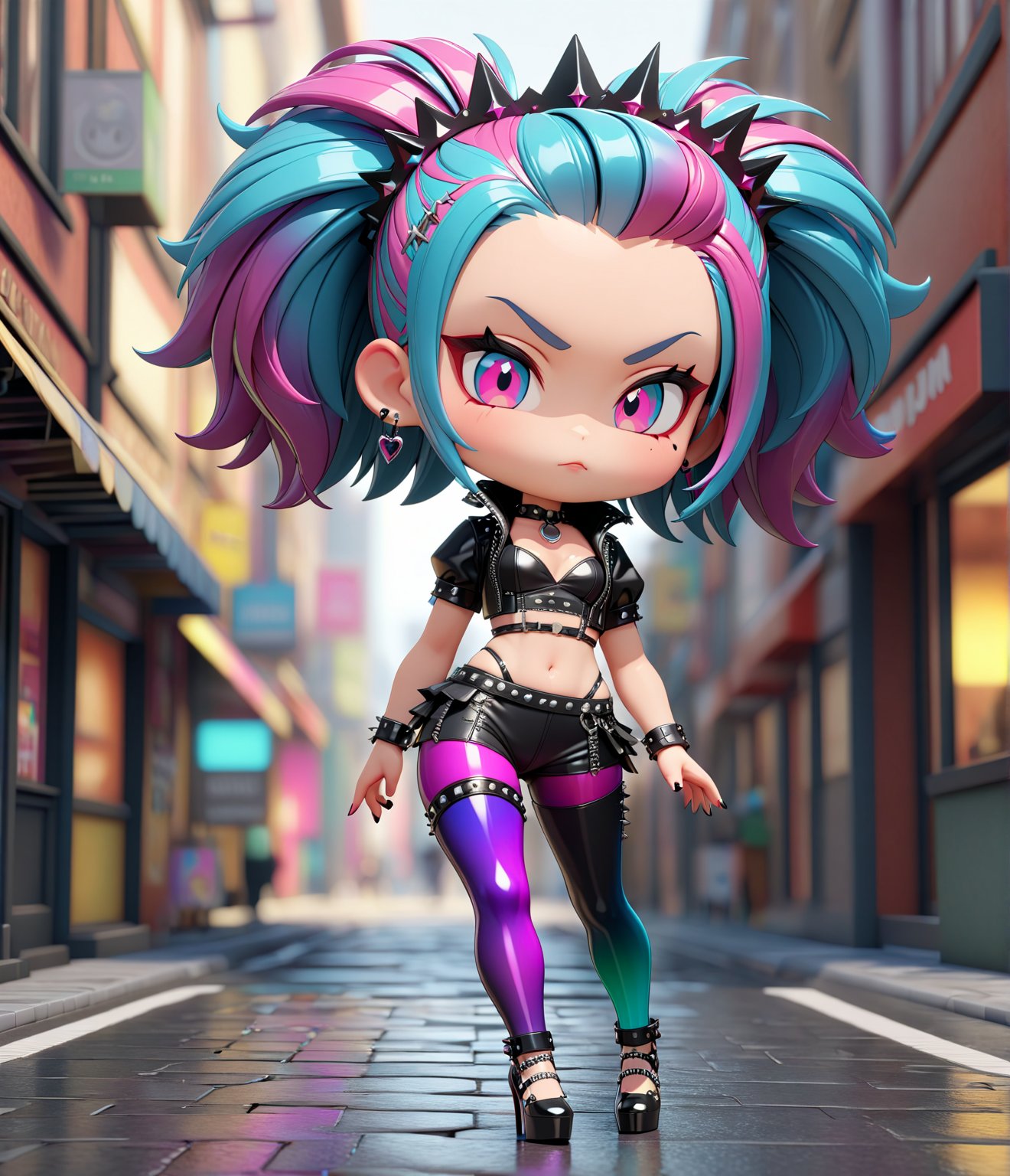 Masterpiece, 4K, ultra detailed, (chibi anime style), punk style female beauty queen with perfect makeup, SFW, depth of field, vibrant iridescence leggings, walking with stilettos high heels, street, 3D,Cartoon