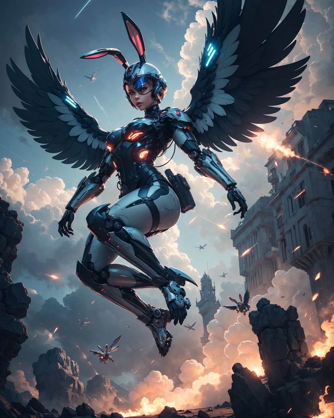 A sexy girl wearing a clear helmet flying with a futuristic mechanical winged jetpack in a mythical sky, avoiding incoming missiles, flame, full body portrait, 4K, dynamic angle, photorealistic, solo, (bunny), symmetrical wings, facing viewers, perfect face,