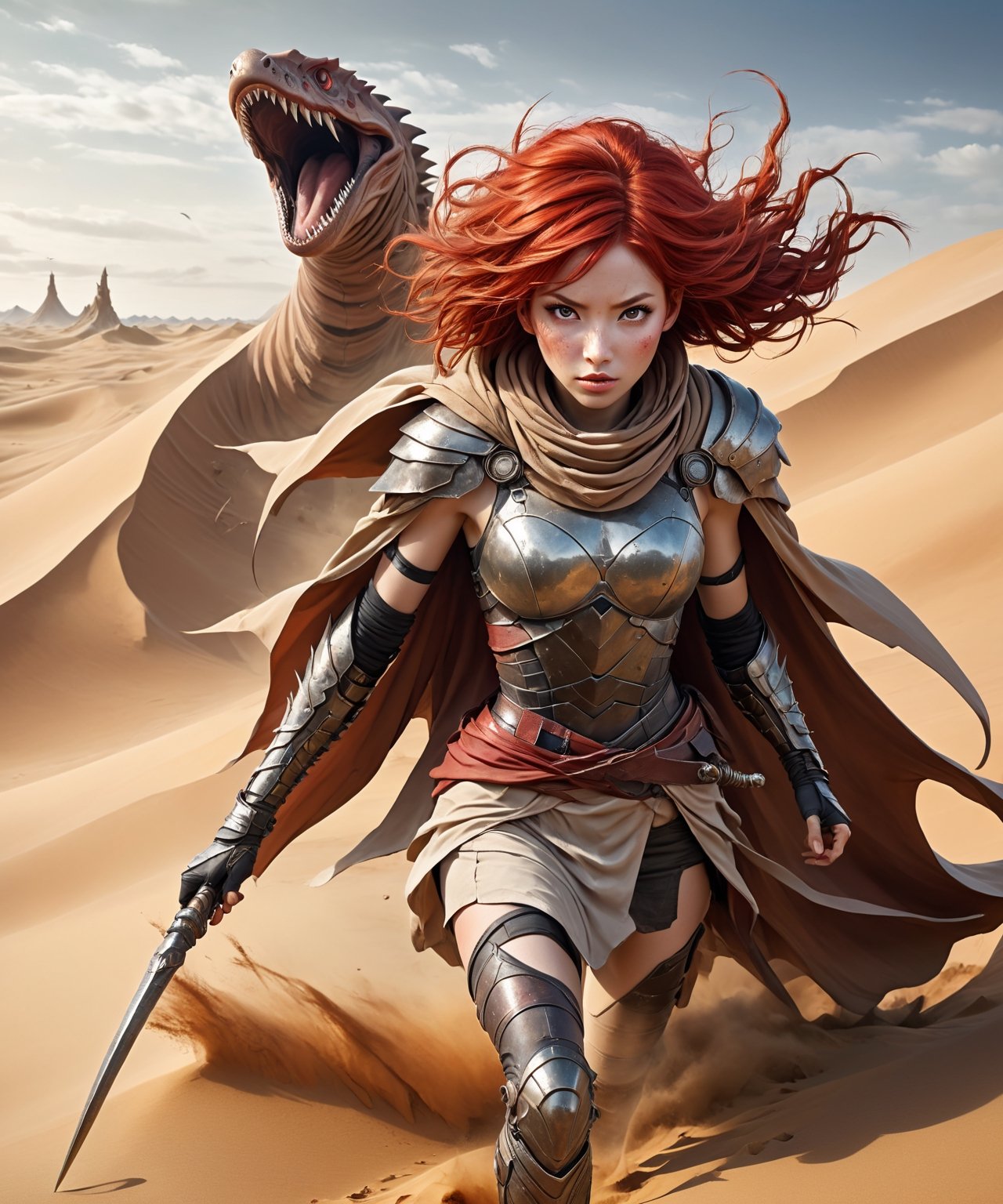 Surrealist anime art style, a lone red hair female warrior wearing cape in apocalyptic sand dunes, running at viewers, gigantic sandworm with spikes and tough scales chasing from back, more detail XL,realistic