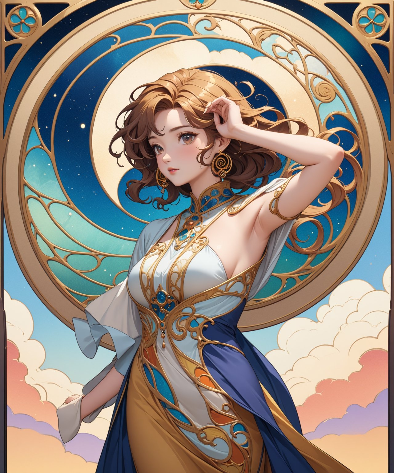 Masterpiece, 4K, ultra detailed, ((solo)), anime style, beautiful mature woman with 1 hand above head, beautiful hazel eyes and gold earrings, windy outdoor, more detail XL, SFW, (swirling Art Nouveau style),