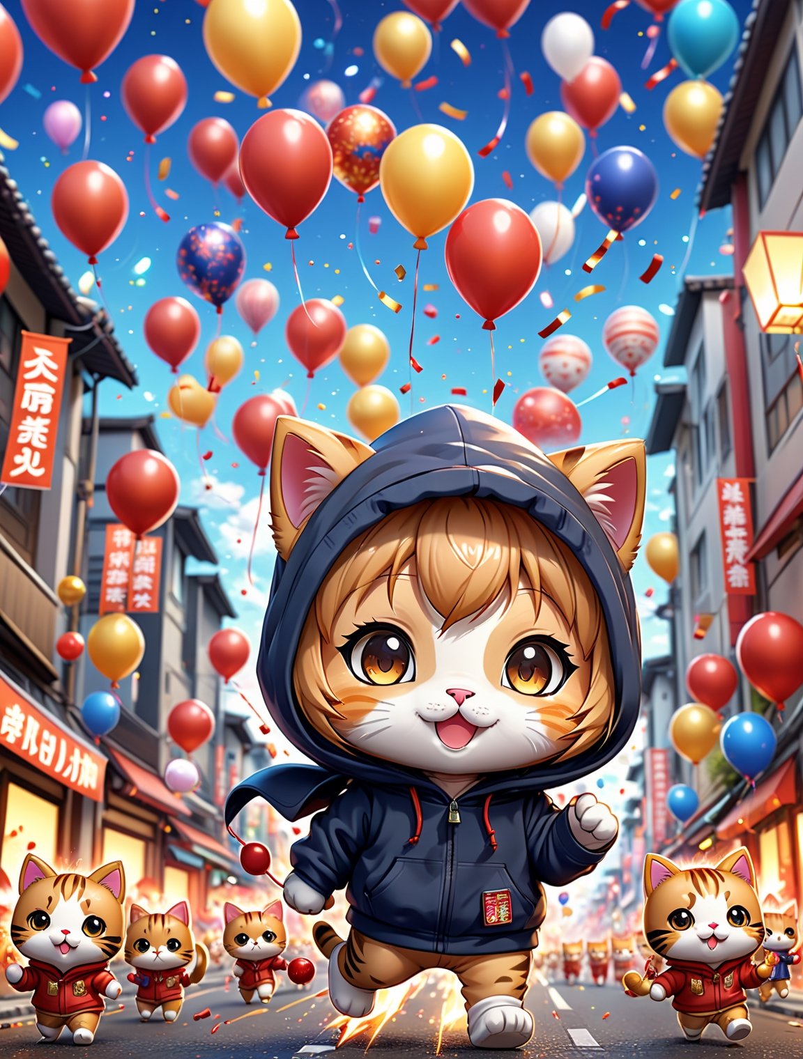 ((anime chibi style)), cute cats in hoodie parade on busy street, new year setting, balloon and firecrackers, dynamic angle, depth of field, detail XL, solo,(anime)