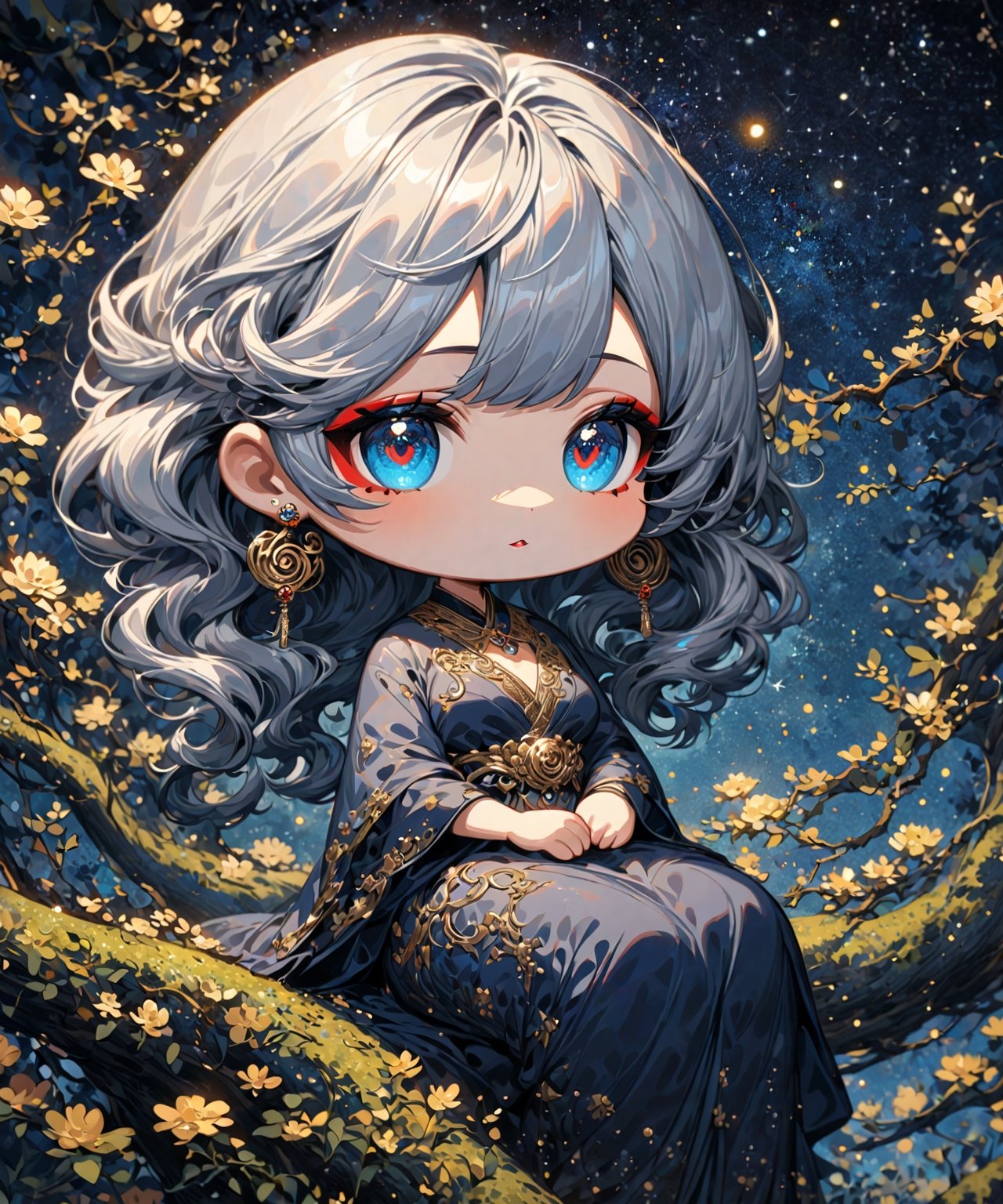 Masterpiece, 4K, ultra detailed, ((solo)), ((chibi)), anime impressionism art style, elegant mature woman with beautiful detailed eyes and glamorous makeup, long flowy gray hair, finely detailed earrings, sitting in a flowering forest,  swirling starry night, more detail XL, SFW, depth of field,kabuki