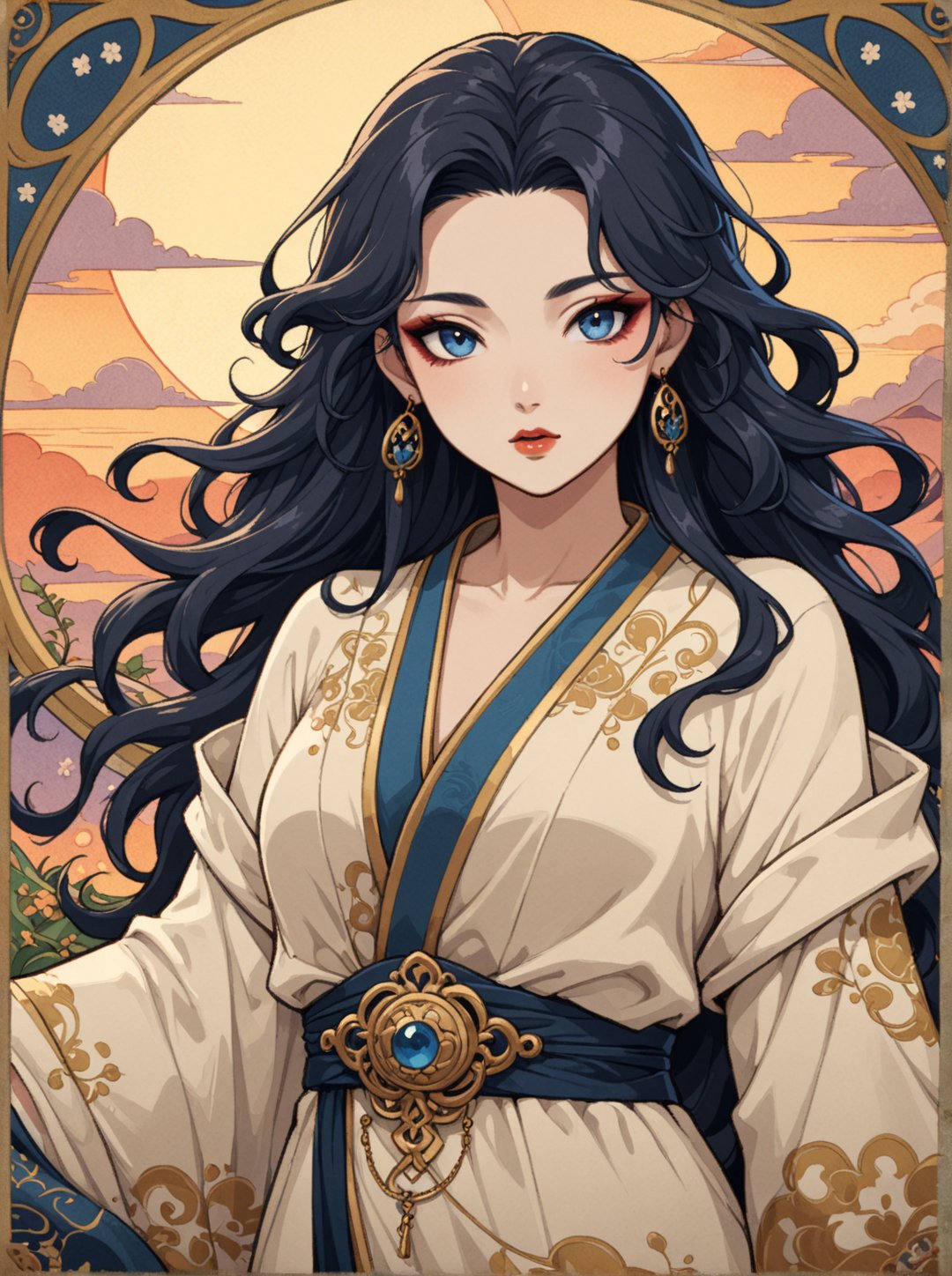 Masterpiece, 4K, ultra detailed, beautiful female singer with flawless dark makeup, beautiful detailed blue eyes and glossy lips, golden earring, wavy long flowy hair, silk robe, large boulder in a secret garden during sunset, windy depth of field, SFW, more detail XL, Ukiyoe Art Style, Art Nouveau Style