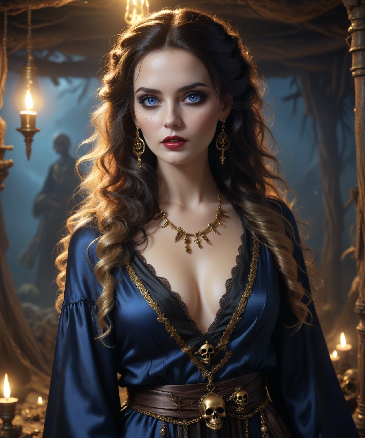 Masterpiece, 4K, ultra detailed, beautiful female pirate with flawless goth makeup, beautiful detailed blue eyes and glossy lips, golden earring, wavy long hair, silk robe, in a secret hideout with skeleton in the ground, torch lights, depth of field, SFW, more detail XL,