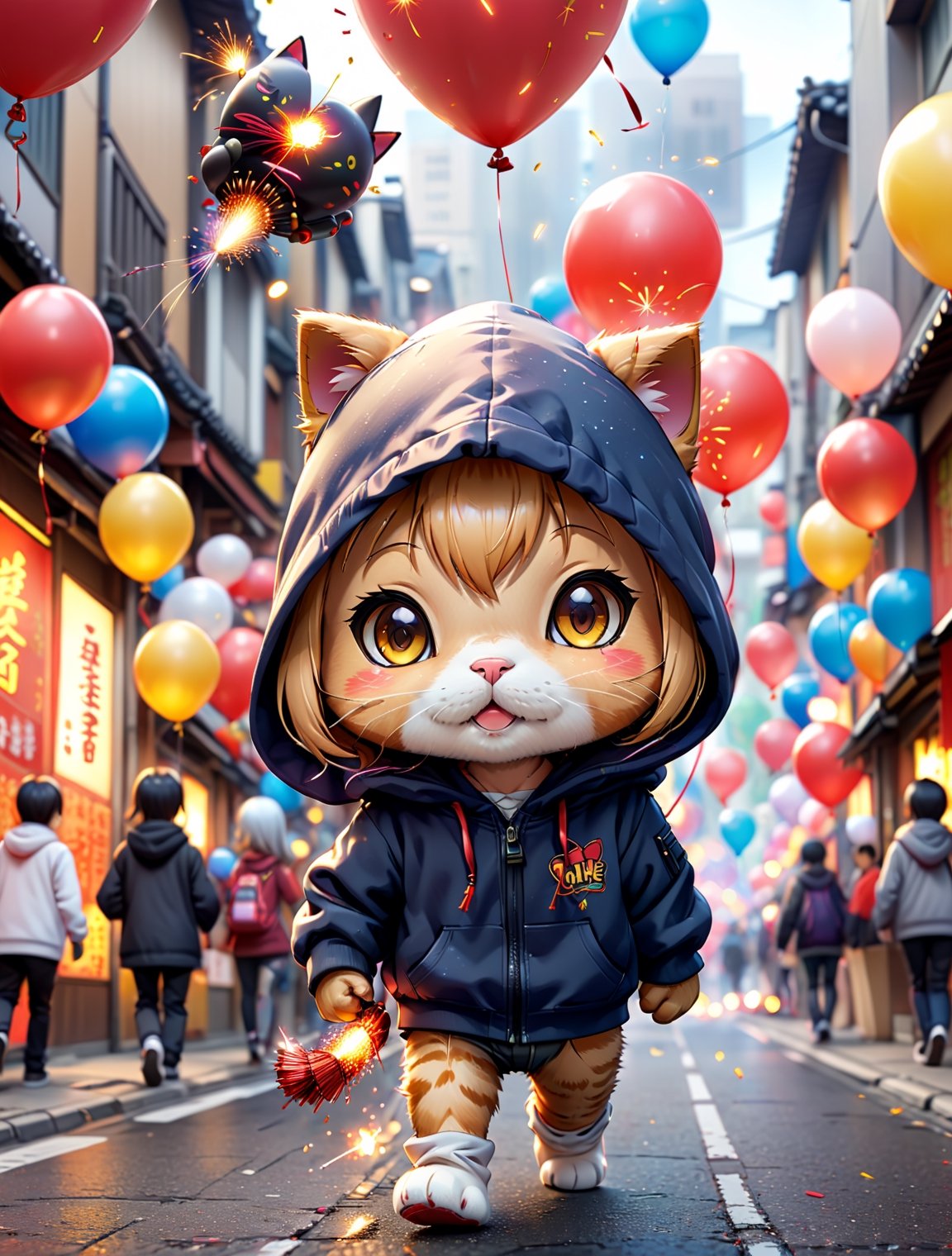 ((anime chibi style)), chibi cat in hoodie walking on busy street, new year setting, balloon and firecrackers, dynamic angle, depth of field, detail XL, closeup shot, (anime),realistic,finetune