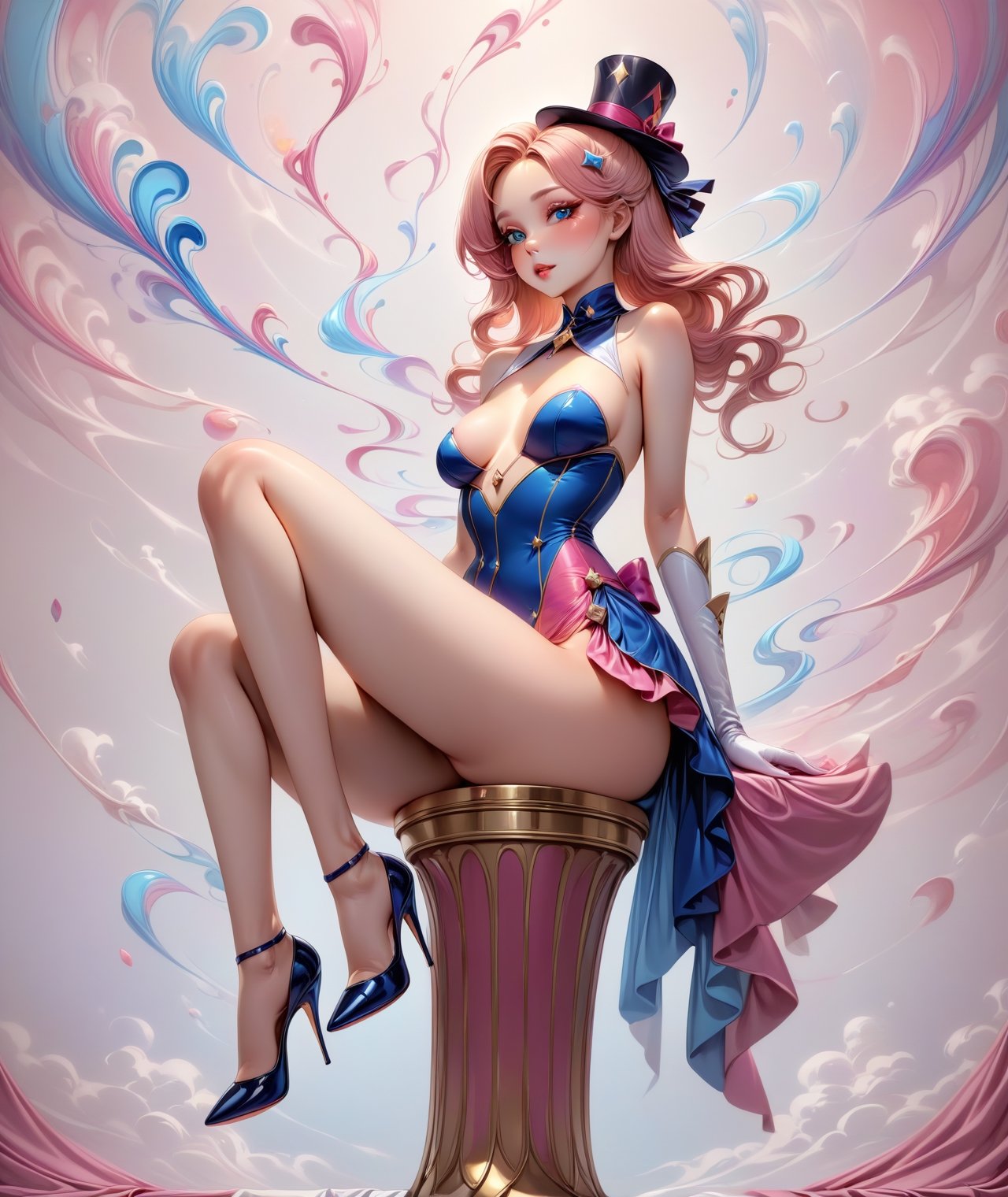 Pin-up style, masterpiece, beautiful long straight peach hair girl wearing female magician outfit with a small top hat, sitting on a tall stool, Stilettos high heels, slim waist and large detailed blue eyes, more detail XL, ((SFW)), swirling color smoke,