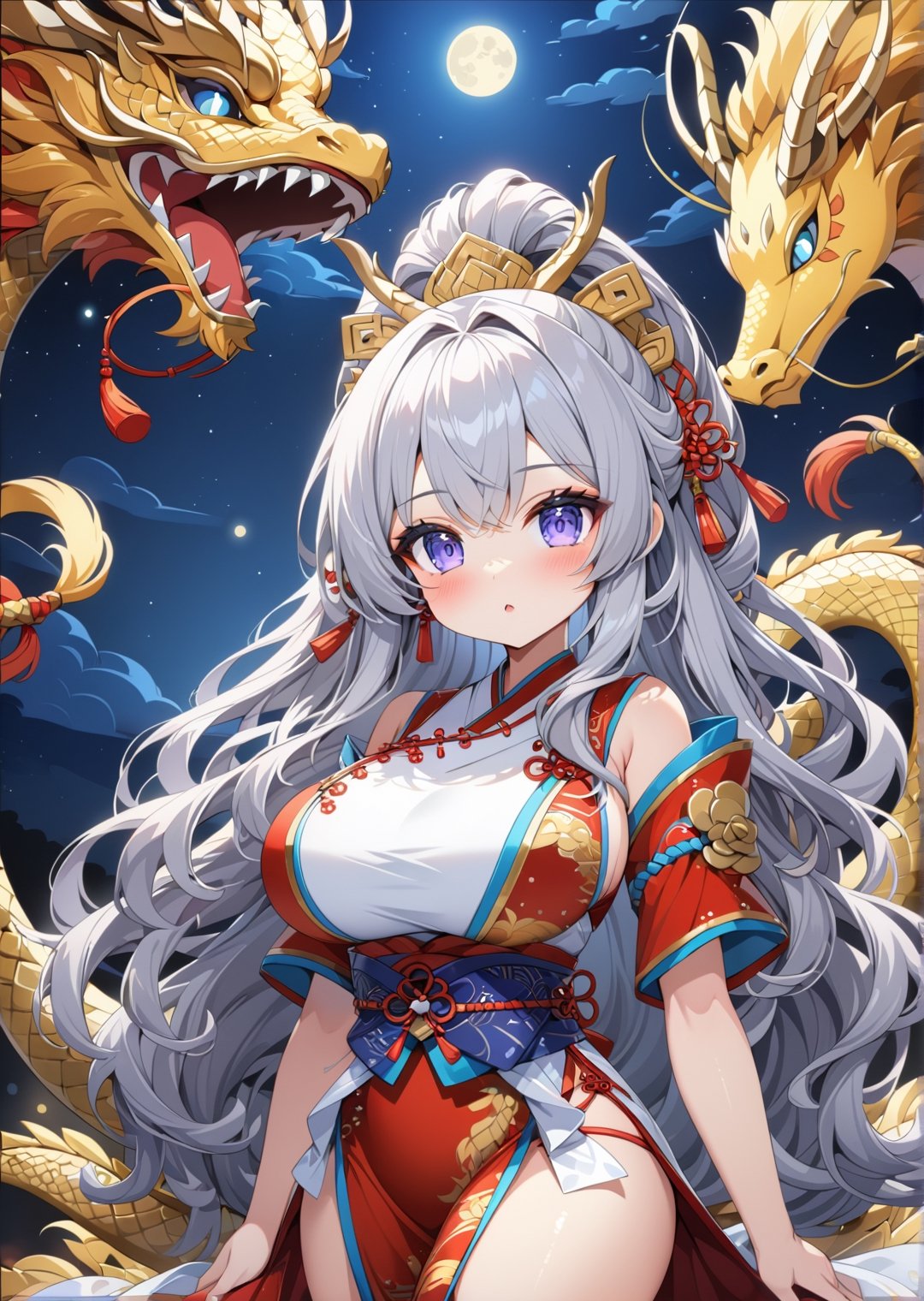 Chibi anime style, 4K, ultra detailed, 1 girl with long hair wearing a traditional Asian dress, large breasts and detail eyes looking at viewers, Golden dragon in the background, more detail XL, SFW,  nighttime, moonlight, 