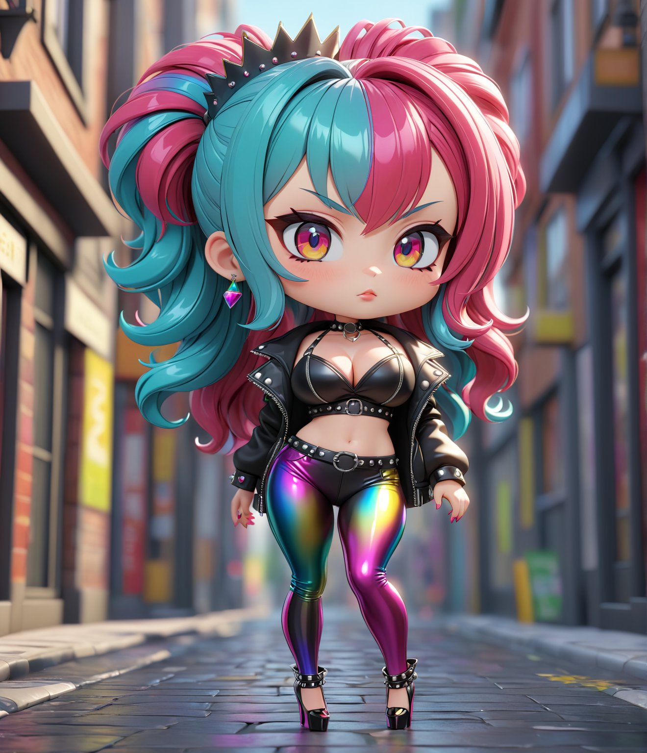 Masterpiece, 4K, ultra detailed, (chibi anime style), punk style female beauty queen with perfect makeup, SFW, busty, depth of field, vibrant iridescence leggings, walking with stilettos high heels, street, 3D,Cartoon