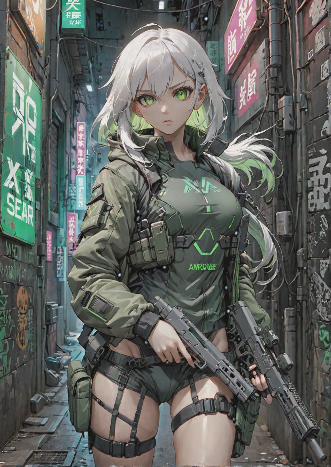 Solo, futuristic anime style, sexy white hair female fighter wearing tactical jacket, big detailed green eyes, aiming with pistol, leaning quietly in back alley with neon signs, highly detailed, (full body portrait), dynamic angle, more detail XL,tacticalgear,