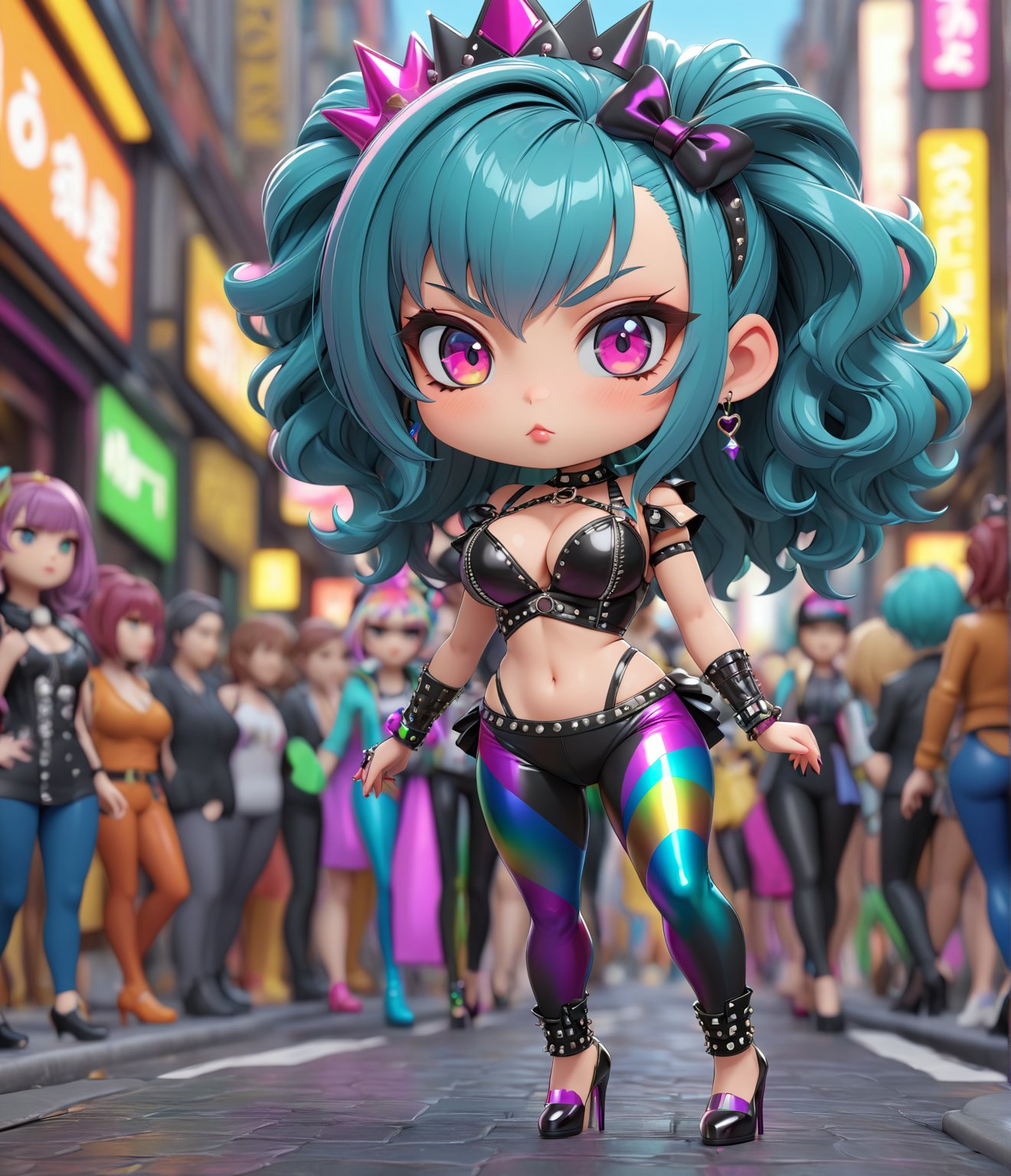 Masterpiece, 4K, ultra detailed, (chibi anime style), punk style female beauty queen with perfect makeup, SFW, busty, depth of field, vibrant iridescence leggings, walking with stilettos high heels, crowed street, 3D,Cartoon