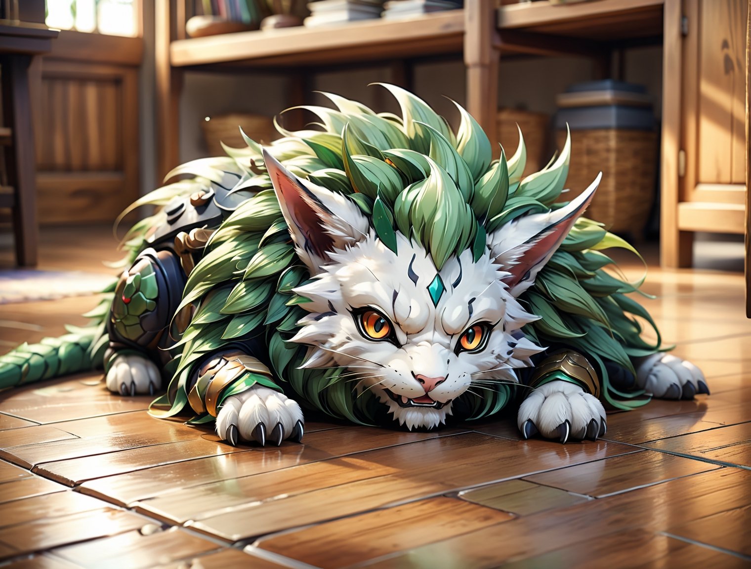 ((anime)), mythical cute creature resting on the floor, cozy setting, dynamic angle, depth of field, detail XL, realistic