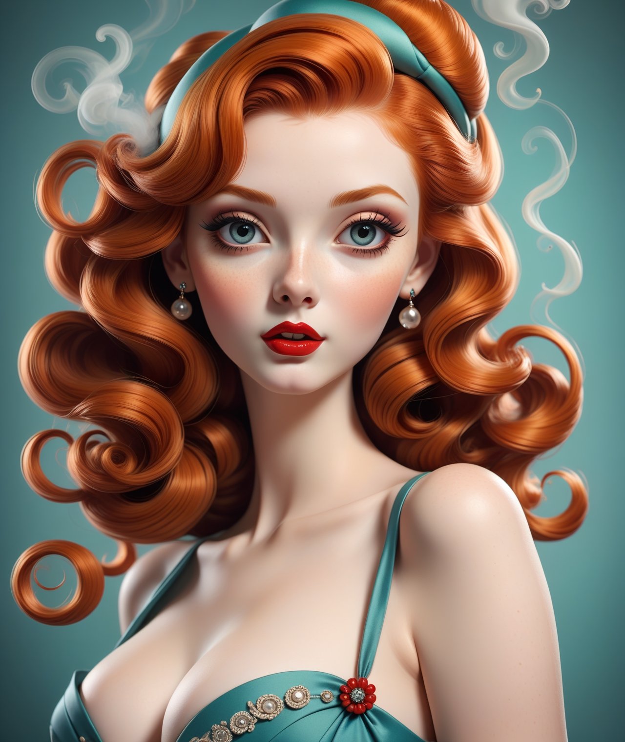 Pin-up style, masterpiece, beautiful ginger girl, slim waist and large detailed eyes, more detail XL, ((SFW)), swirling color smoke, 