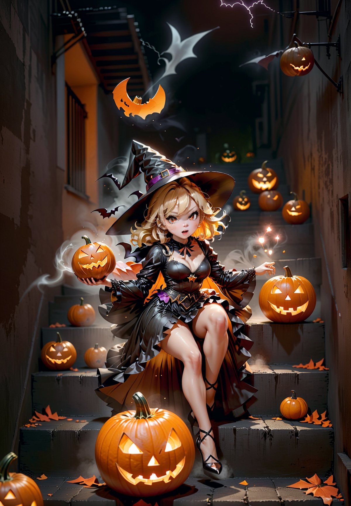 Photorealistic chibi art style, a beautiful blonde woman in witch costume and high heels, throwing a pumpkin at the viewers, motion, artistic, artist, simple volumtric light backgroung sitting on a stair in a dark alley, ColorART, windy and misty, chibi,