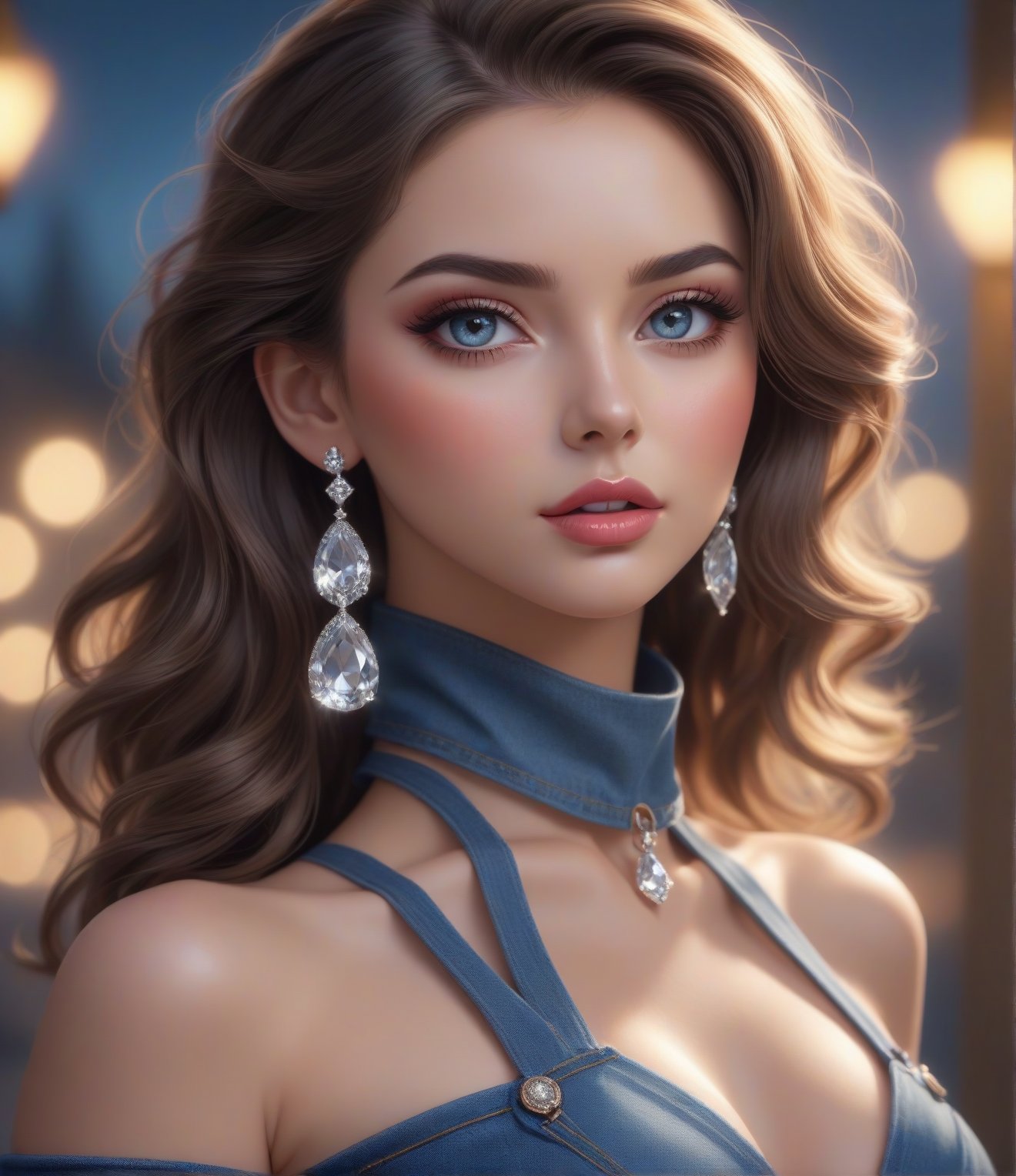 Masterpiece, 4K, ultra detailed, beautiful busty lady with glamorous makeup, beautiful bright eyes and  glossy lips, dangling crystal earrings, denim bodycon dress, depth of field, SFW, dreamy background 