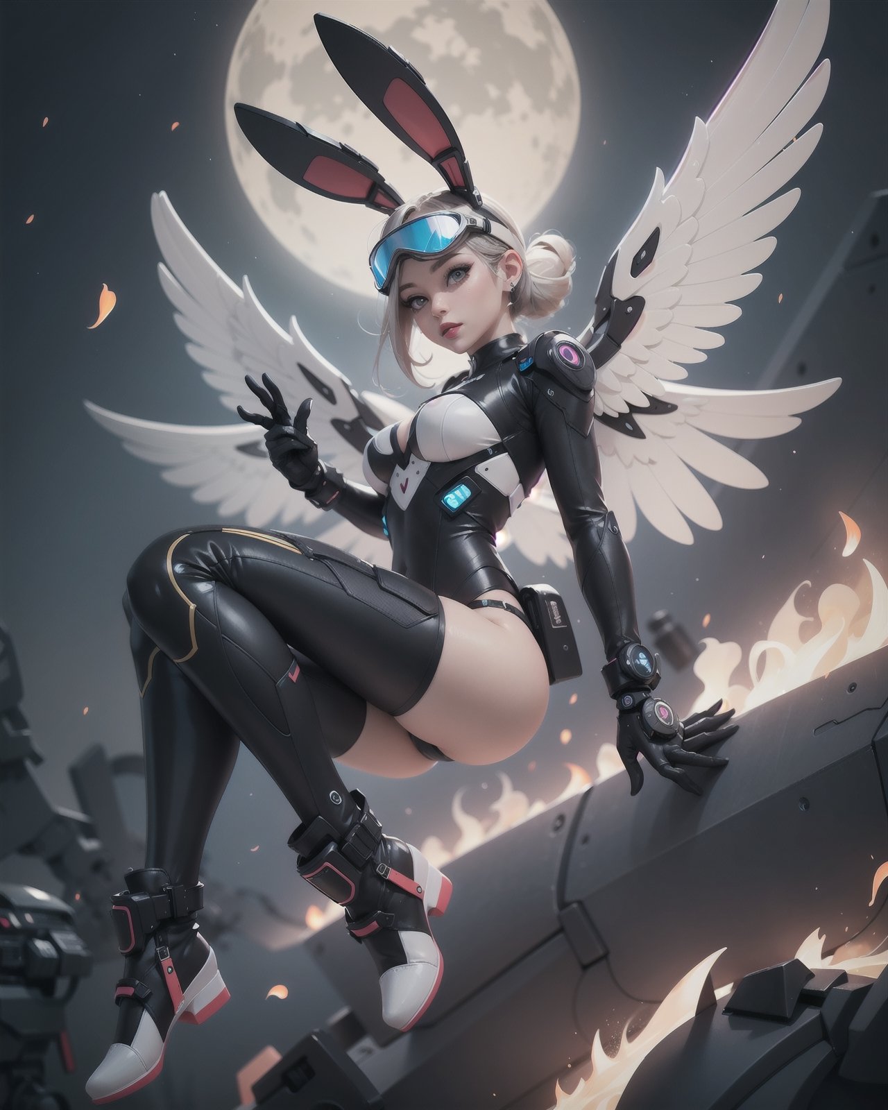 A sexy girl wearing a goggles flying with a futuristic mechanical winged jetpack in a mythical sky, flame, full body portrait, 4K, dynamic angle, photorealistic, solo, (bunny),