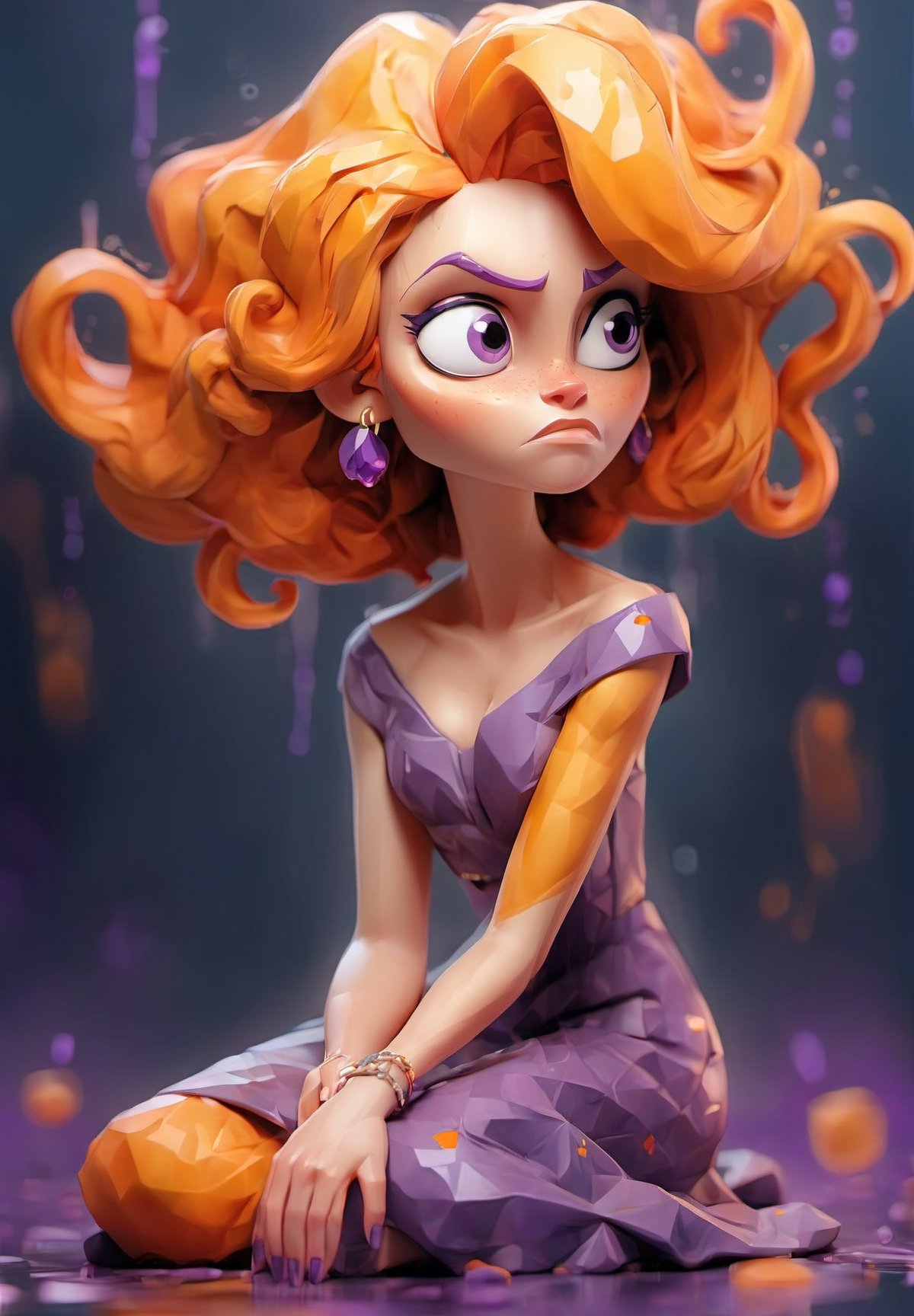 Colorful Ink splash art style, a full body portrait of a woman wearing a shimmering dress with purple and orange messy hair, elegant sitting pose, strong outlines, 4K, photorealistic, depth of field, windy, psychedelic, shiny reflection,