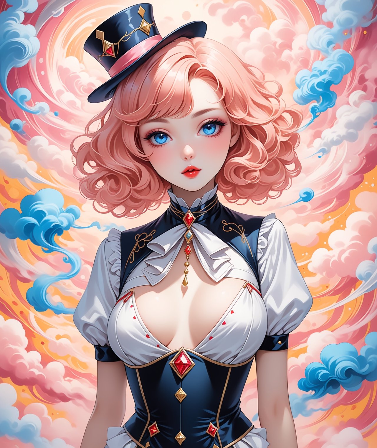 Pin-up style, masterpiece, beautiful peach hair girl wearing female magician outfit, slim waist and large detailed blue eyes, more detail XL, ((SFW)), swirling color smoke, 