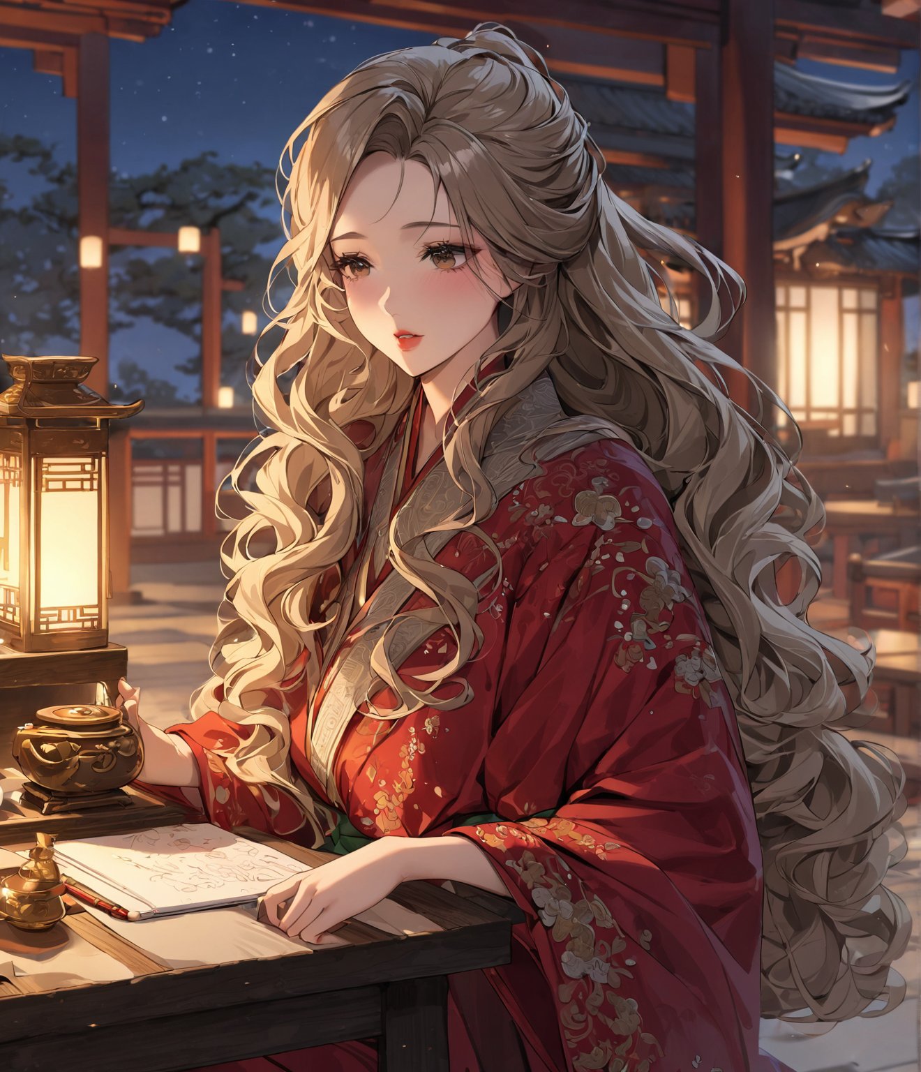 Masterpiece, 4K, ultra detailed, Sketchbook Style, 1 beautiful woman with long wavy hair and glossy lips wearing traditional Asian outfit, paper scroll on table, in shrine at night, oil lamp, windy, SFW, depth of field,shuimo style