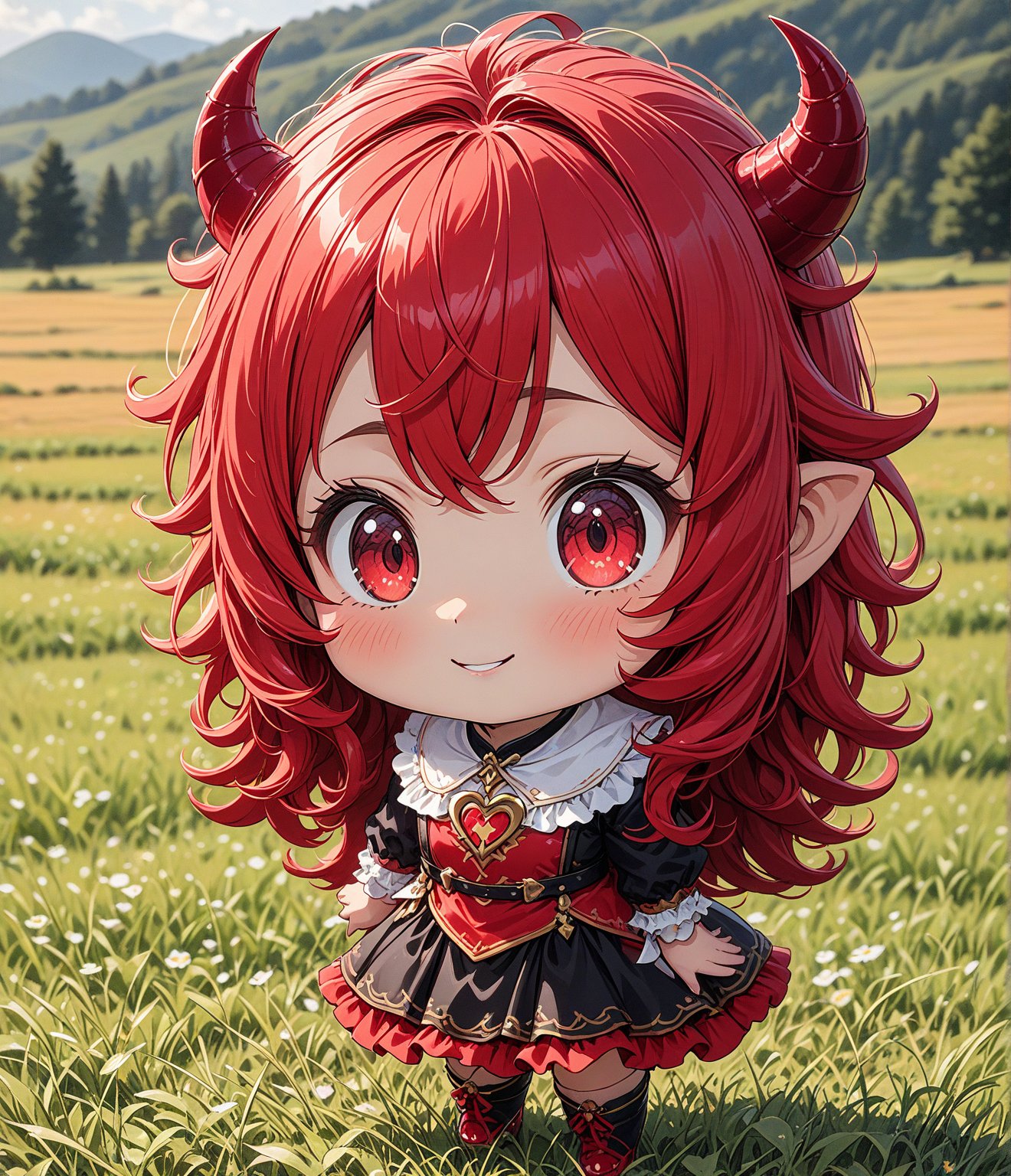 Masterpiece, 4K, ultra detailed, chibi anime style, joyful Satan girl in rural hillside country, SFW, depth of field, Details,