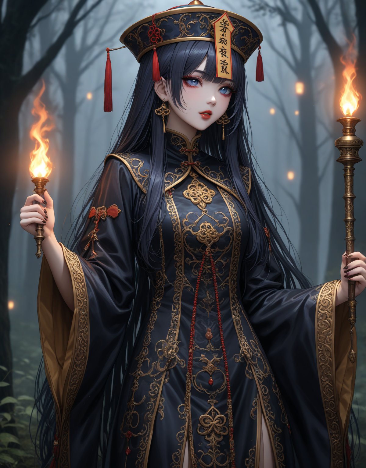 Masterpiece, 4K, ultra detailed, female Jiangshi with flawless goth makeup, beautiful detailed blue eyes and glossy lips, golden earring, wavy long hair, dark silk robe with very long sleeves, in a misty dark forest, torch lights, depth of field, SFW, more detail XL,