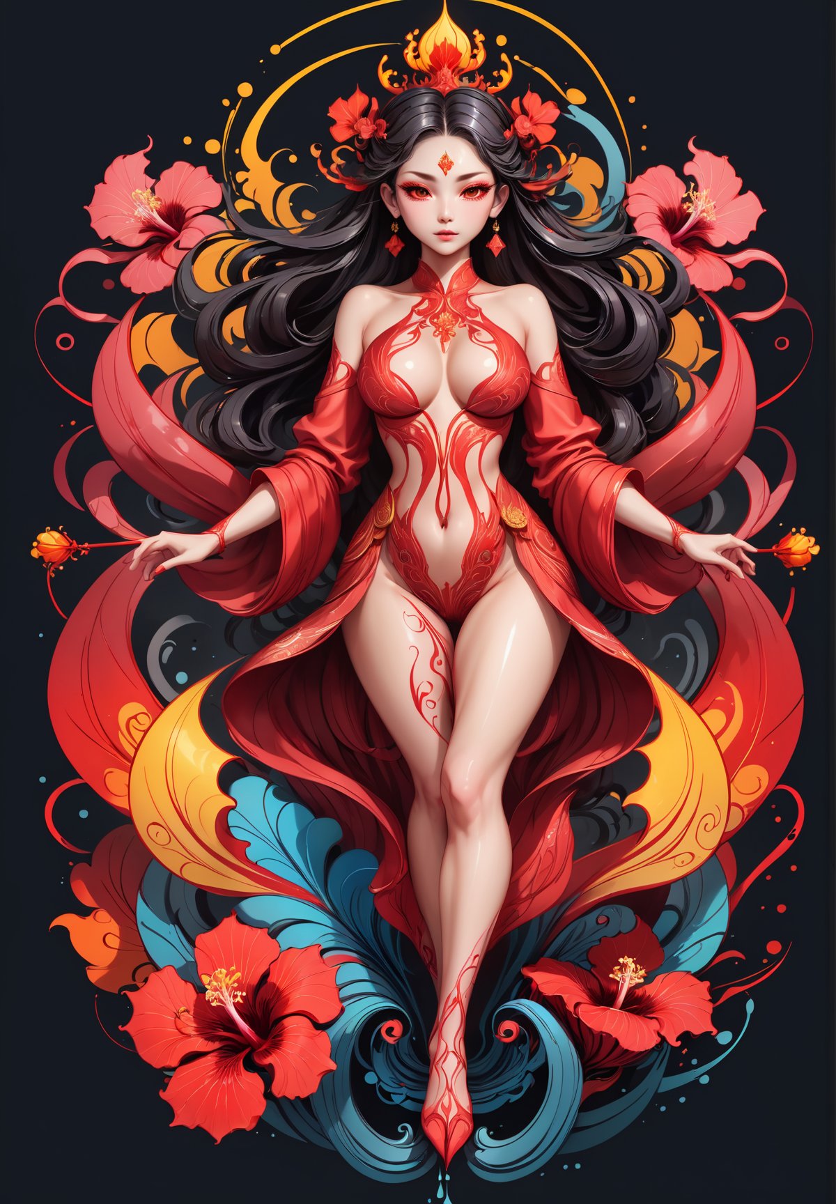 thin and thick color lines stroke, splash art, 1 liquid luminous Russian lady made of colors, liquid hibiscus flowers, filigree, filigree detailed, swirling red flame, intricated pose, big beautiul eyes, slim waist, oni style,oni style