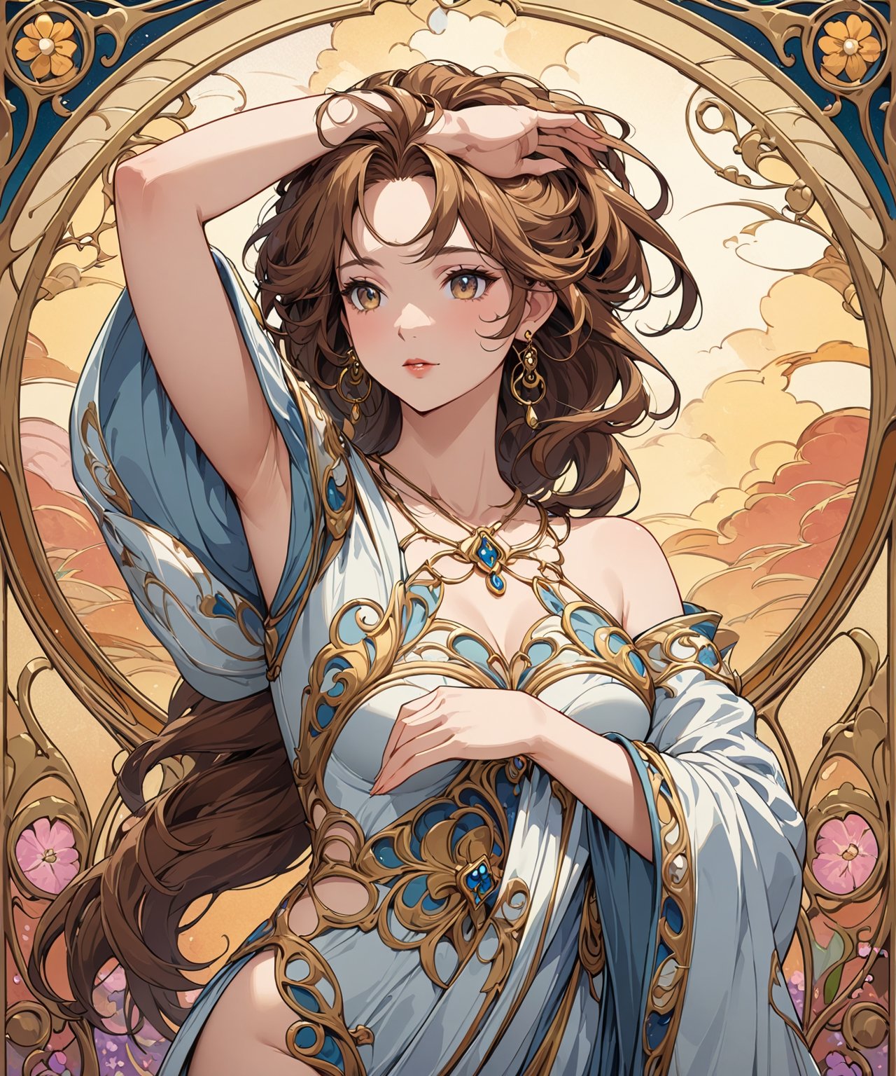 Masterpiece, 4K, ultra detailed, ((solo)), anime style, beautiful mature woman with 1 hand above head, beautiful hazel eyes and gold earrings, windy outdoor, more detail XL, SFW, (Art Nouveau style),