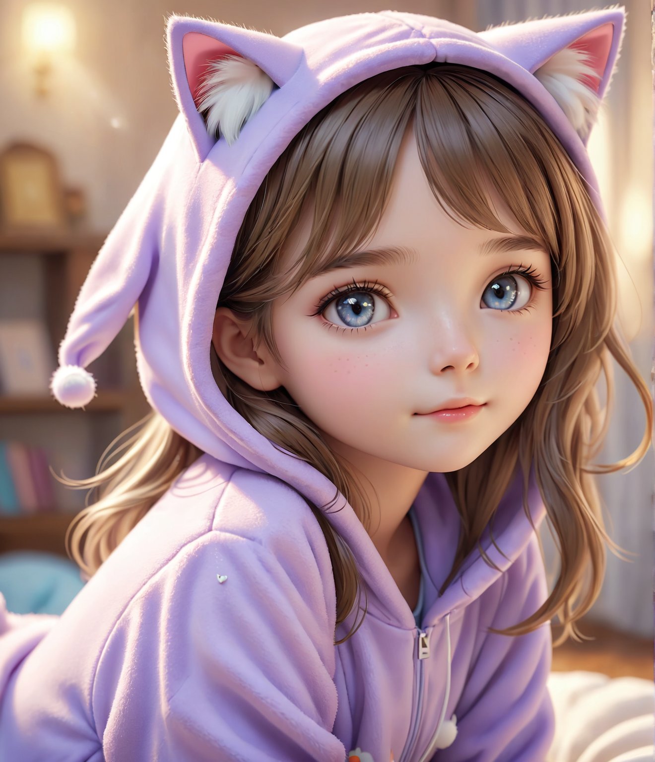 Masterpiece, 4K, ultra detailed, pretty girl wearing kitten onesie, SFW, depth of field, dreamy background,