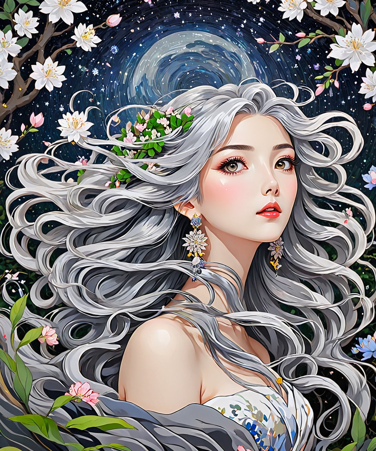 Masterpiece, 4K, ultra detailed, ((solo)), anime impressionism art style, elegant mature woman with beautiful detailed eyes and glamorous makeup, long flowy gray hair, finely detailed earrings, sitting in a flowering forest, swirling colorful starry night, more detail XL, SFW, depth of field,ukiyoe