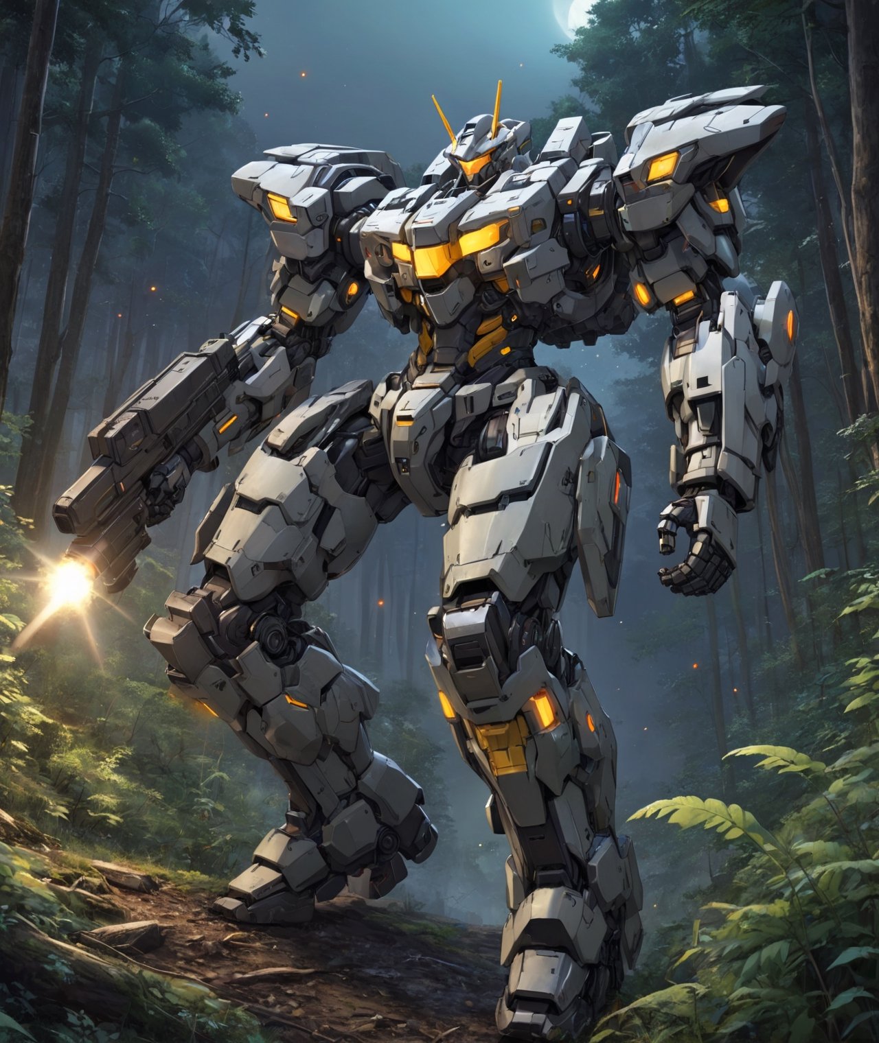 anime style, futuristic mech armor power suit in a forest at nighttime, moving on a hillside, dynamic angle, more detail XL,armored core