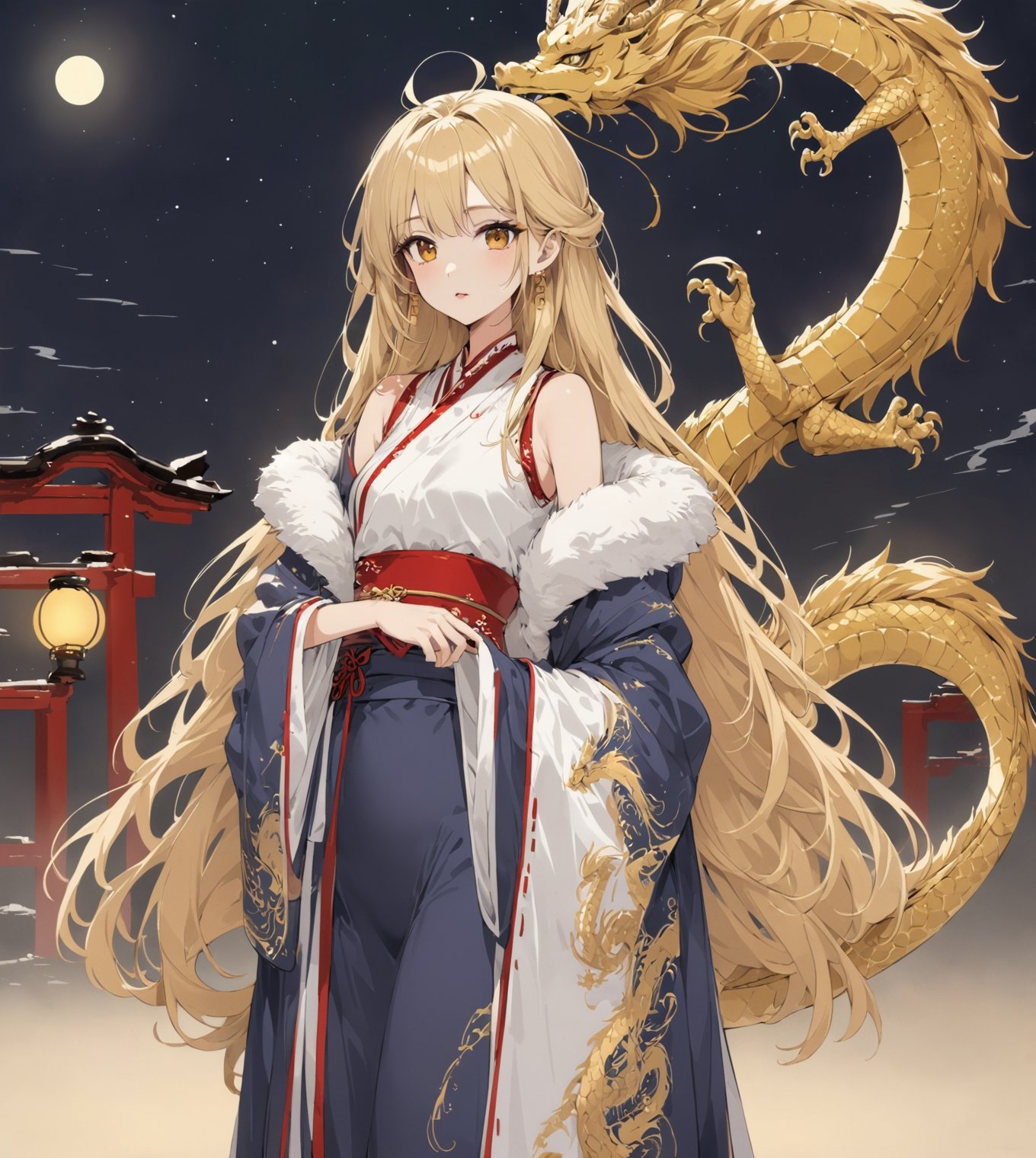 ((line ink illustration)), ink sketch, ink Draw, Comic Book-Style 2d, 4K, ultra detailed, 1 blonde girl with long hair wearing a traditional Asian dress, small breasts and detail eyes looking at viewers, Golden dragon in the background, more detail XL, SFW,  nighttime, moonlight, ,winterhanfu