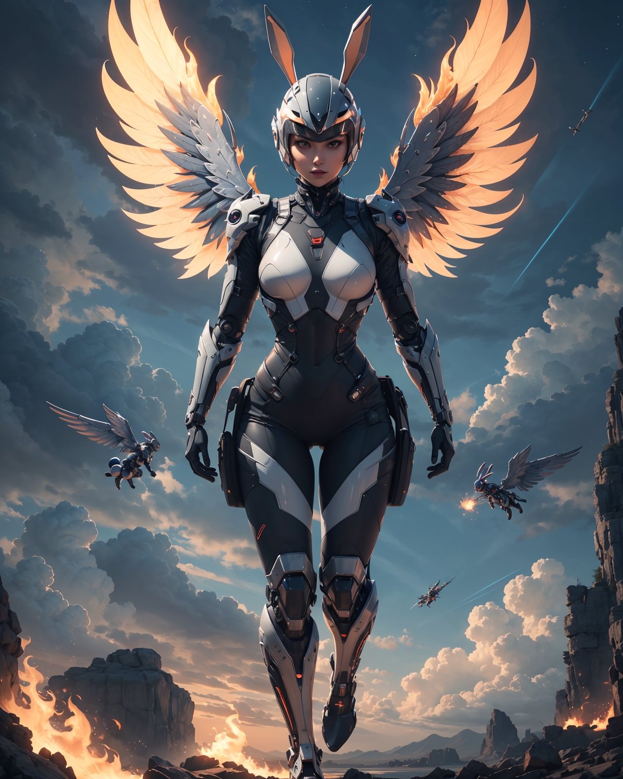 A sexy girl wearing a clear helmet flying with a futuristic mechanical winged jetpack in a mythical sky, flame, full body portrait, 4K, dynamic angle, photorealistic, solo, (bunny), symmetrical wings, facing viewers, perfect face,