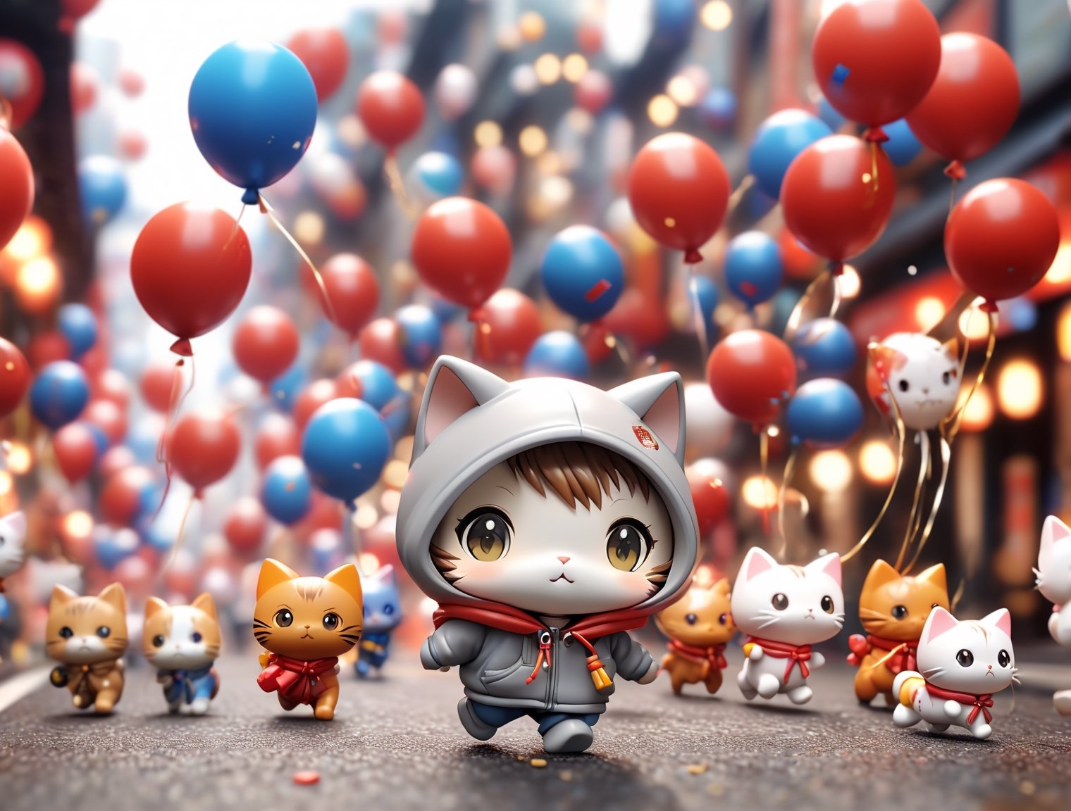 ((chibi style)), chibi cat in hoodie walking on busy street, new year setting, balloon and firecrackers, dynamic angle, depth of field, detail XL, closeup shot, finetune,ghibli,