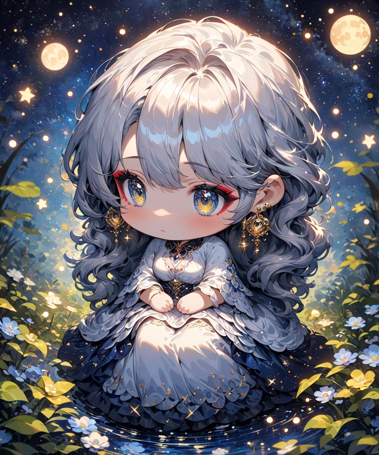 Masterpiece, 4K, ultra detailed, ((solo)), ((chibi)), anime impressionism art style, elegant mature woman with beautiful detailed eyes and glamorous makeup, long flowy gray hair, finely detailed earrings, hands resting on laps, sitting in a flowering forest,  swirling starry night, more detail XL, SFW, depth of field,