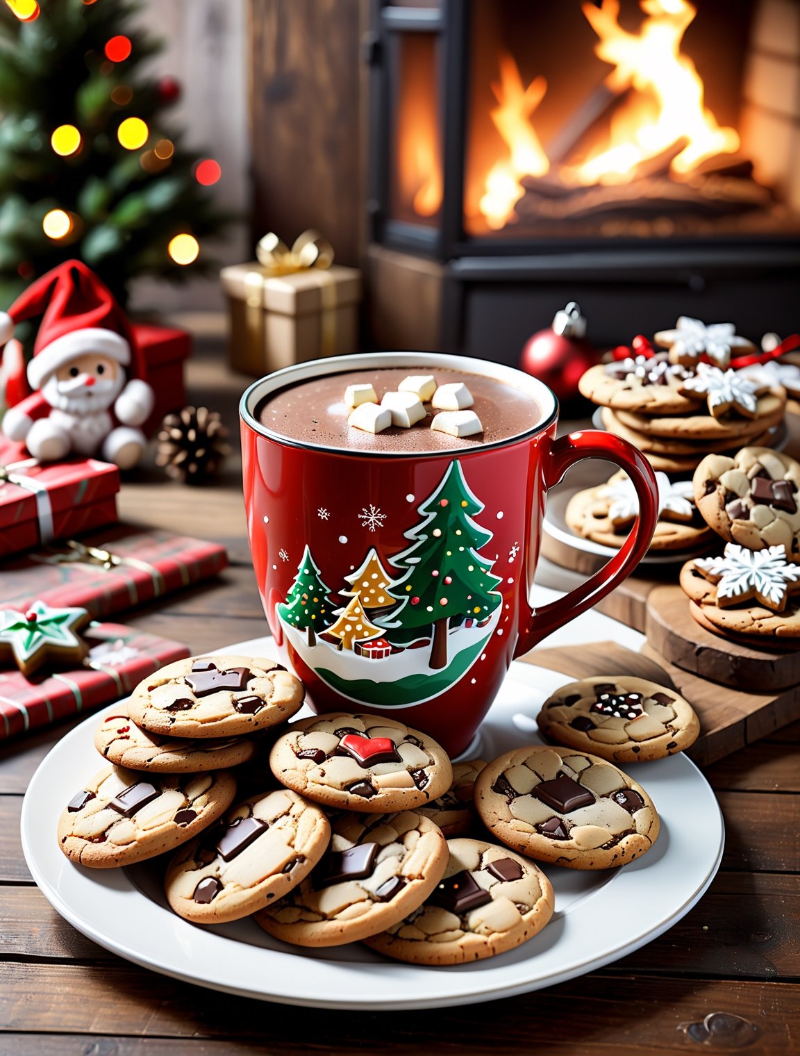 ((anime)), cookies and a cup of hot chocolate, Christmas setting, dynamic angle, depth of field, detail XL, realistic