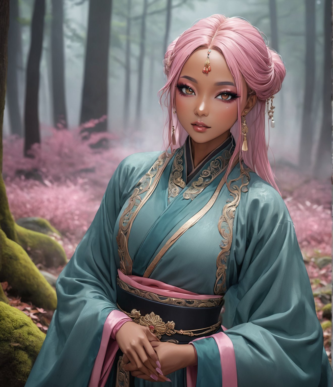 (masterpiece, high quality, 8K resolution, ultra detailed), sexy tan skinned woman with glamourous makeup, smokey eyeshadow, pink hair, depth of field,han fu, long sleeve, best quality, SFW, misty magical forest,