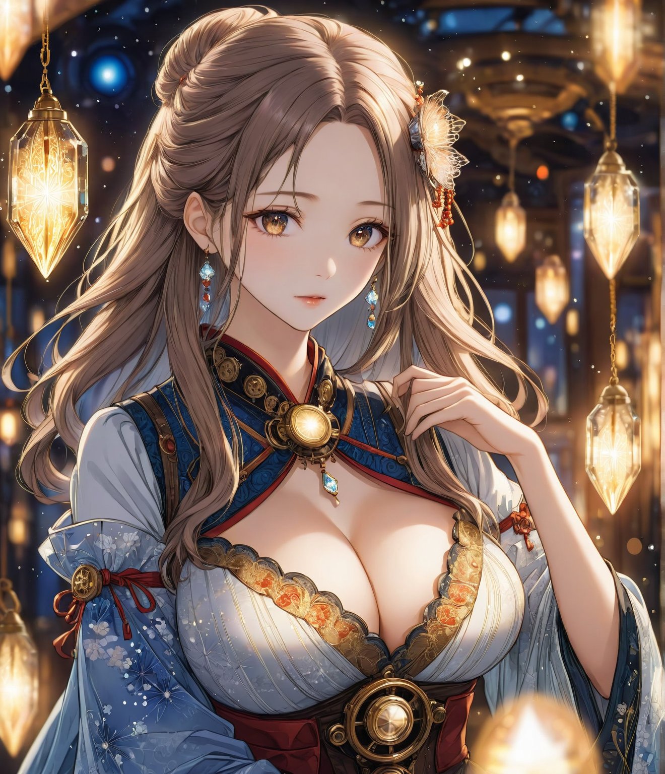 Masterpiece, 4K, ultra detailed, elegant fashionable woman, busty cleavage, perfect makeup and long flowy hair, SFW, depth of field, backlighting, hanging crystal lights, steampunk Victorian Art Style, (Ukiyoe Art Style),raw photo, realistic:1.3 cinematic photo