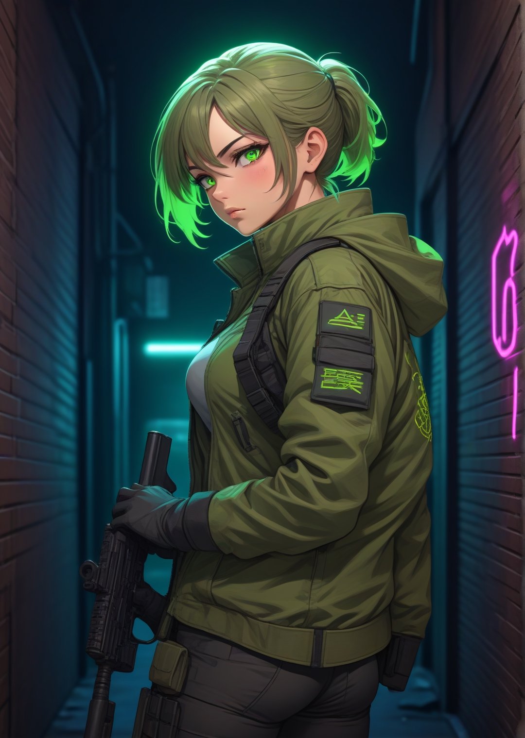 Solo, anime style, Mature female fighter wearing tactical jacket, big detailed green eyes, aiming with rifle, leaning quietly in back alley wall with neon signs, highly detailed, (full body portrait), dynamic angle, more detail XL,,<lora:659095807385103906:1.0>